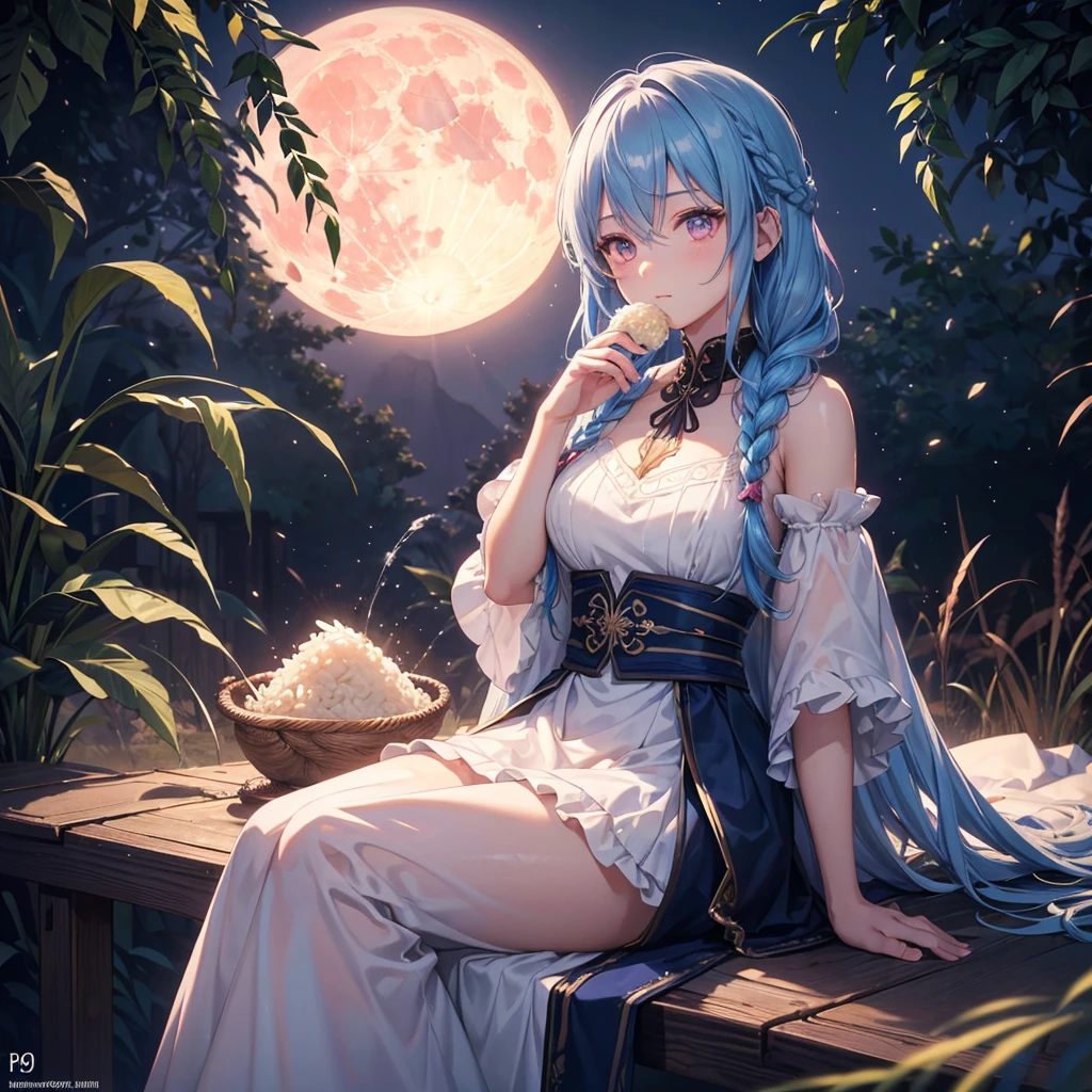 Sky blue hair, (Braided medium hair), (Pink eyes),Fair skin)  ,(whole body),(One Girl),(harvest moon),(A large amount of Miscanthus sinensis in the background),(full moon),(masterpiece, Highest quality, Very detailed, Best Shadow), (Detailed Background), (Beautifully detailed face), High Contrast, (Best lighting, Very delicate and beautiful), ((Cinematic Light)), Hyper Detail,8k, Dramatic Light, Intricate details,(sitting down to eat rice dumplings)
