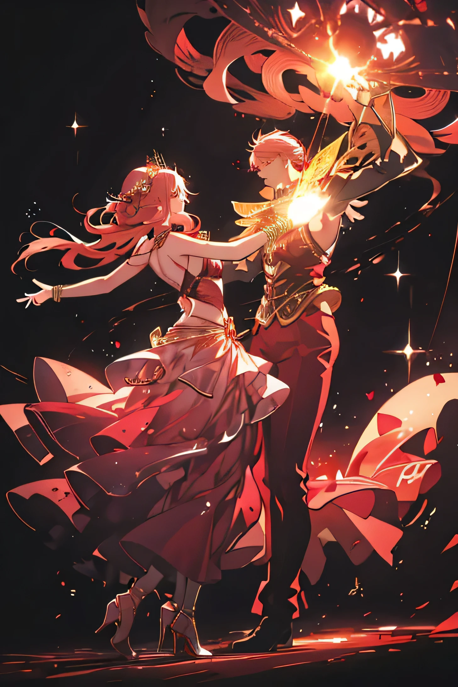 woman. Rose gold hair. Red eyes. Gears on the background. On the hand is a complex bracelet with a crystals. Trousers. Fantasy Clothing. Dancing.