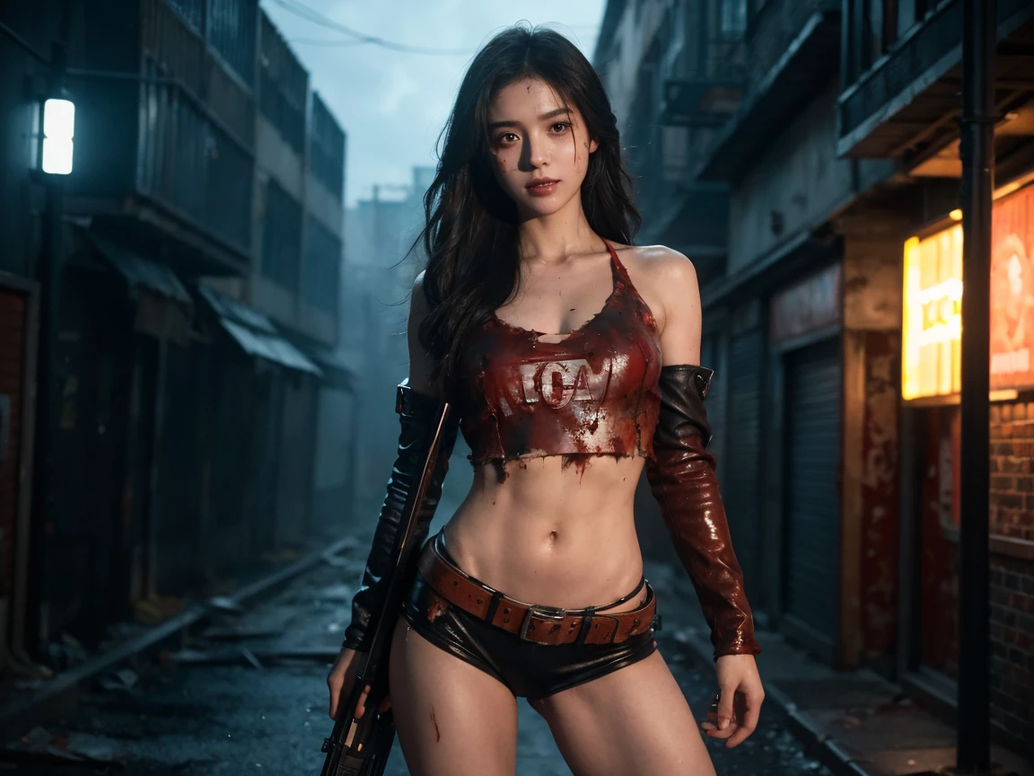 A stunning beauty stands victorious amidst a horde of undead, girl with gun,killing zombies,her bare midriff exposed as she gazes down at the gory aftermath. Her ripped shirt hangs open, revealing a tantalizing glimpse of toned skin, while the severed zombie heads and scattered limbs around her feet attest to her brutal hand-to-hand combat skills. The desolate, blood-soaked alleyway provides a haunting backdrop for this petite powerhouse,cinematic lighting, masterpiece, accurate, anatomically correct, textured skin, best quality, award winning, 4K, super detail,cowboy_shot,light_smile
