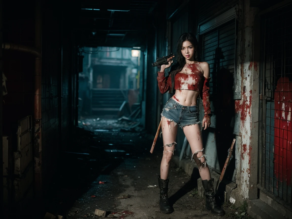A stunning beauty stands victorious amidst a horde of undead, girl with gun,killing zombies,her bare midriff exposed as she gazes down at the gory aftermath. Her ripped shirt hangs open, revealing a tantalizing glimpse of toned skin, while the severed zombie heads and scattered limbs around her feet attest to her brutal hand-to-hand combat skills. The desolate, blood-soaked alleyway provides a haunting backdrop for this petite powerhouse,cinematic lighting, masterpiece, accurate, anatomically correct, textured skin, best quality, award winning, 4K, super detail,cowboy_shot,light_smile