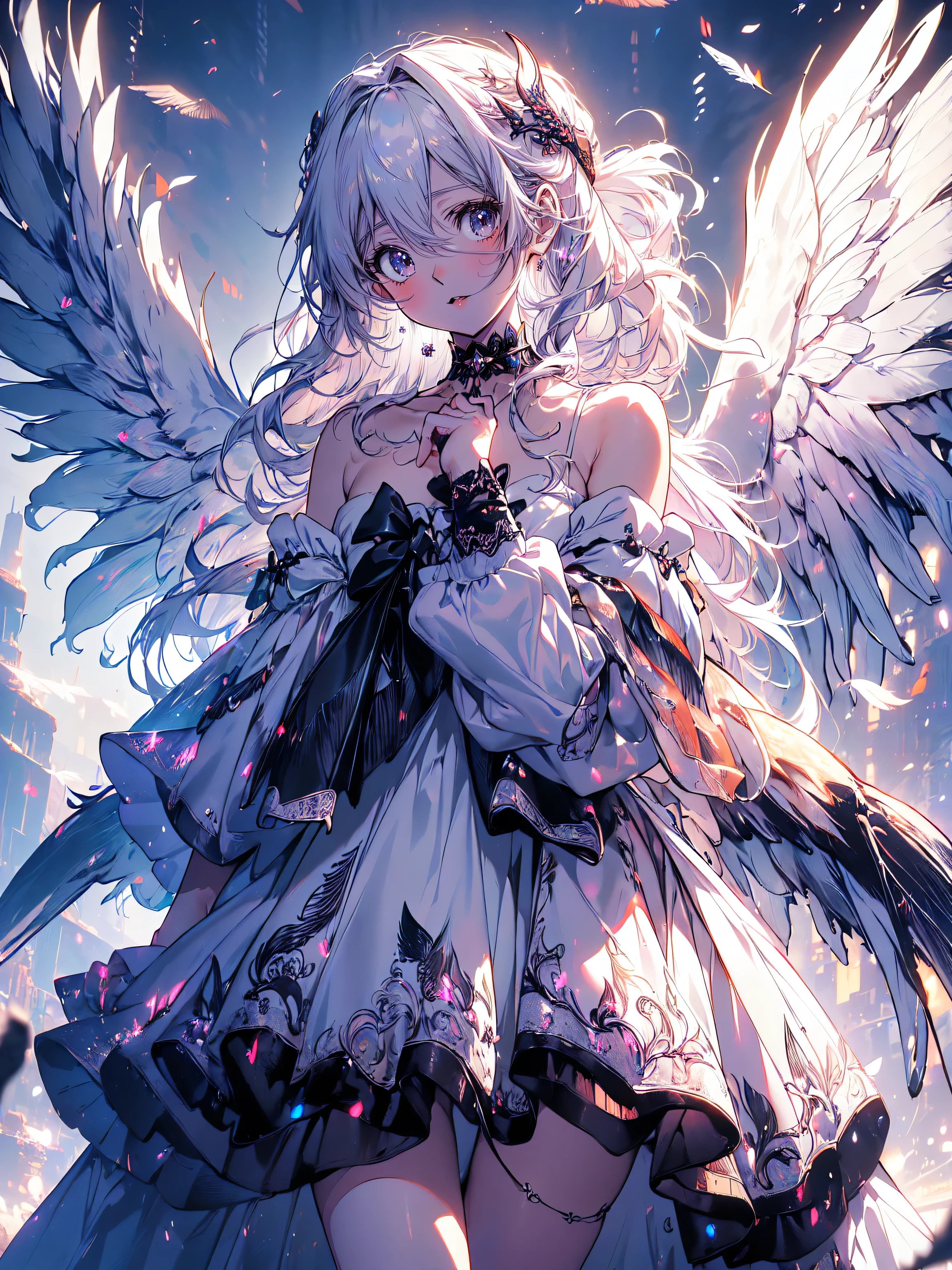 ((ultra detailed, exquisite quality, absolutely resolution)), (((Perfect body))), (((Complete Hand))), cowboy shot, (Black wings:1.5), Very long hair, Side Ponytail, choker, Holding, Off the shoulder, (White Dress:1.5), White jacket, (anime moe art style:1.3),