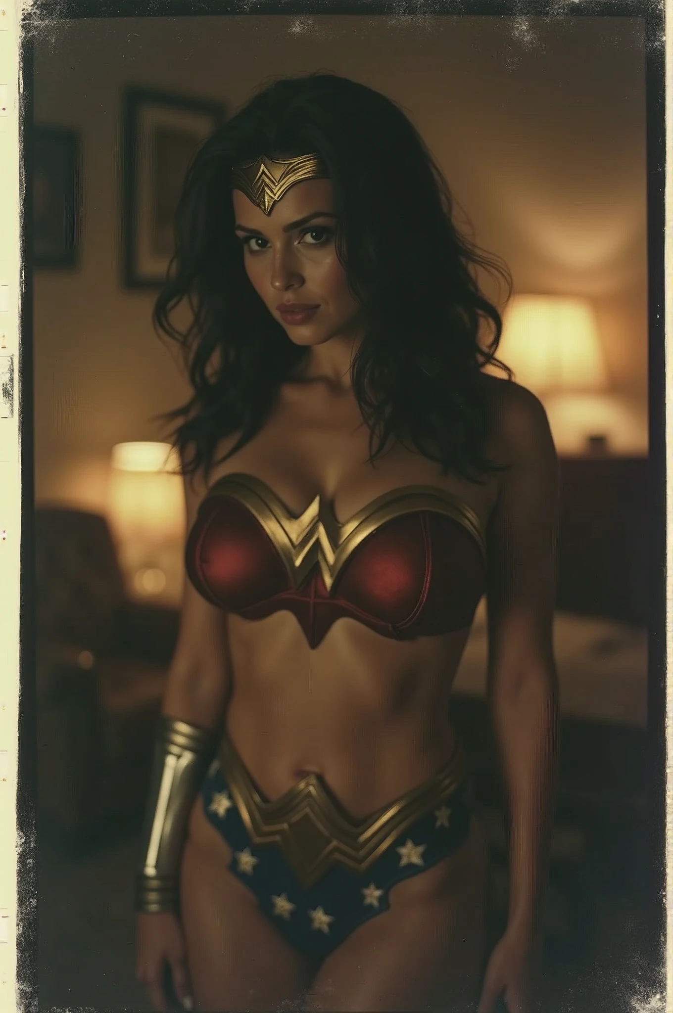 wonder-woman porn movie naked big boobs, languid, loose, 11:30 pm, dimly lit, dark room, bad camera, bad photo, moody, by ellen von unwerth, Polaroid photography,