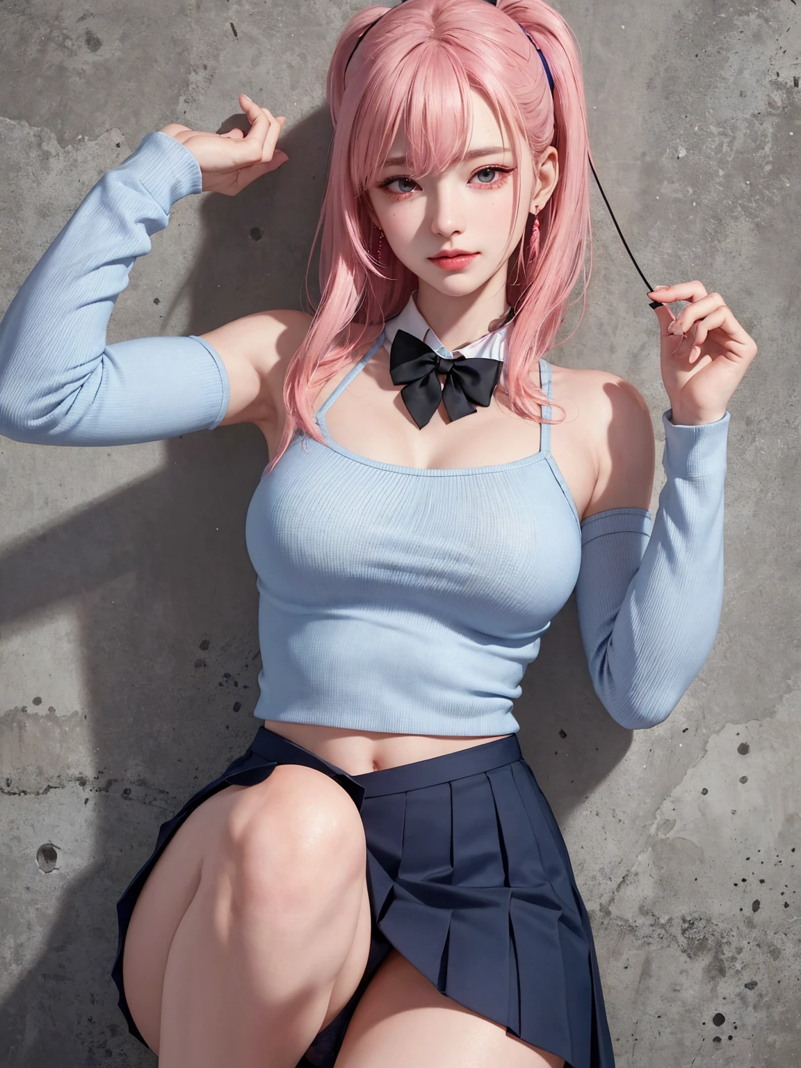 (Masterpiece, best quality, 1 girl, alone, complicated details, Chromatic aberration), realistic, ((Moderate breath)),long hair, pink hair, Red headpiece, Pink Highlights, hair on one eye,purple eyes, earring, sharp eyes, choker, Neon coat, She wears a collar, bangle, and kimono style garters., crop top, (symmetrical eyes),(Perfect symmetrical body),against the wall, Brick wall, (colorful graffiti words on the wall:1.2), The light is dim., alley ,Look at the viewer.、Dig the chest、smile、(sleeveless、Navel touch、Fitted turtleneck.)、street string hot pants、Thin bottom、Please build above the eaves..、Thin shoulders、High resolution、High resolution、in 8K、RAWphotographgraphy、Highest quality、masterpiece、Tabletop、erotic、student、Light green Bra,White skin,knees,(Skin-colored pantyhose),Detailed Panty Pattern、Panty Focus、Pink Panties、absurdes,Small face、Big Breasts、Part the front hair from the middle、The forehead is visible,(Cold look<Squinting my eyes,Glare,strong,Light anger)、masterpiece,Highest quality、超High resolution,RAWphotograph,only,Beautiful poop,one person, one personで,Dark look,Small breasts,whole body、very nice、JK ,high school girl,Japanese women,Are standing,(Realistic:1.37)、Photon Mapping,Light blue ribbon,Realistic、Cute Face,Brown eye、Black socks、22 years old、(Red bow tie)、Radio City、Physics-based only dulling、prospect、Written boundary depth、Blurred Background、photograph,girl、body,Beautiful legs, Long legs, Thin legs,Long Bob Cut,(I can see the front hair), hair, lips, green_eye, Nose Soft,(Light blue shirt), (Navy Pleated Skirt), I can see the knees,See-through clothing,, thigh, black cotton socks,Nogizaka Idol, , Japanese Ido、Sparkling eyes、Glossy lipasterpiece, highest quality:1.2), 8K, young beautiful girl, 85mm,Official AR RAW Photos, baby face、big breasts、show me your ears、photo shoot, cute face, thighs, After school classroom, looking at the viewer, embarrassing、smile、no makeup, film grain, chromatic aberration, sharp focus, face light, clear lighting, Ten