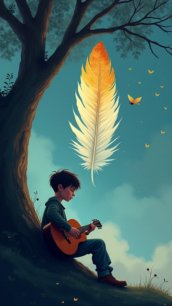 Create a cinematic, abstract symbol for a storytelling production brand based on stories and dreams called " Penamemoria". The logo should convey a fantasy theme and include the company of a boy and a feather. Fantastic, memorable, poetic, dreamy, sitting against a tree and playing guitar to a fantastic, unique, poetic white-blue-golden feather.