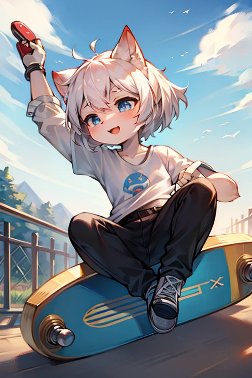 anime style, masterpiece,best quality,super fine illustration, super detailed, dynamic angle, beautiful detailed, 8k, On a summer day,cat years,girl,cute,blue eyes,short hair,white hair,white T-shirt,black pants, BREAK she performs an advanced trick on a skateboard, spinning in mid-air. BREAK she has a joyful expression as it enjoys the ride.