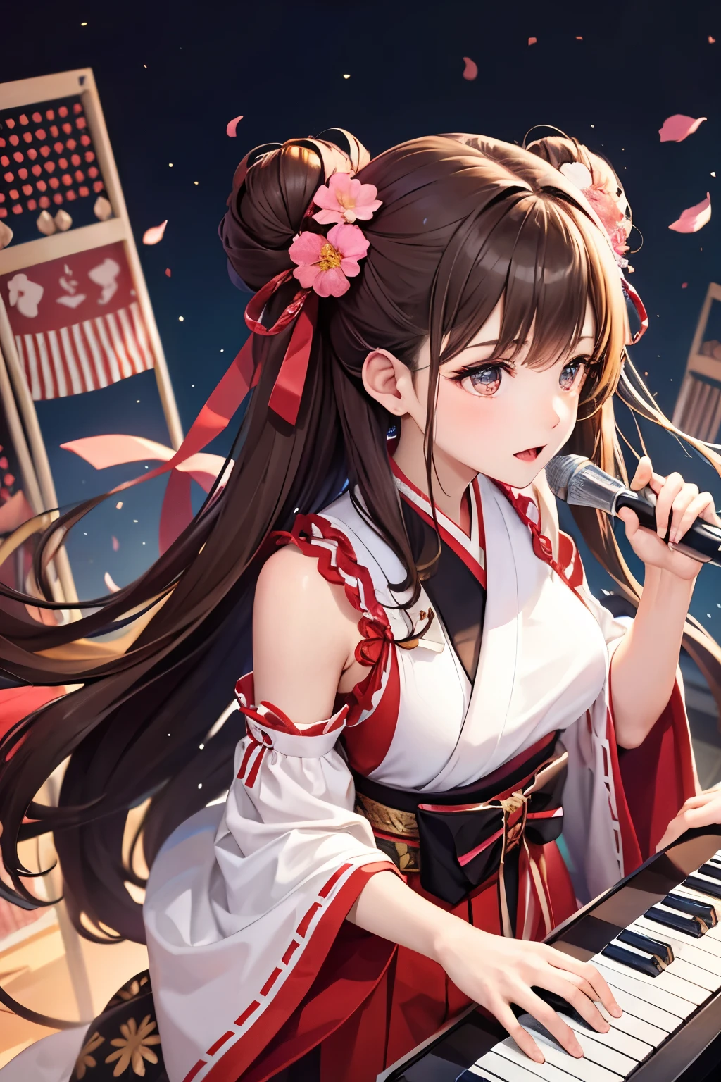 Top quality, ample limbs, perfect fingers, slender beauty, twin-tailed bun hairstyle, brown hair, Deresute, A costume of haori and hakama with a flashy pattern,Band instrumentskeyboard, beautiful large breasts, live stage, Playing Band InstrumentsKeyboard