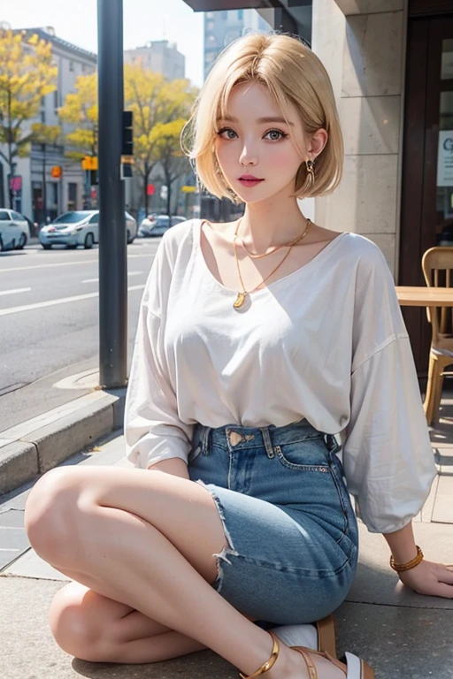 high resolution portrait、Beautiful woman in her mid twenties。Height: 168cm、Slim figure。Short bob blonde、Big Blue Eyes。The skin is clear and white。

clothing:
- Oversized white linen shirt- High waist light blue denim jeans- Beige leather sandals accessories:
- Gold hoop earrings- Thin gold chain necklace- Leather bracelet watch- Canvas tote bag makeup:
- Natural Makeup、Light pink lip background:
Urban café terrace、Bright sunshine