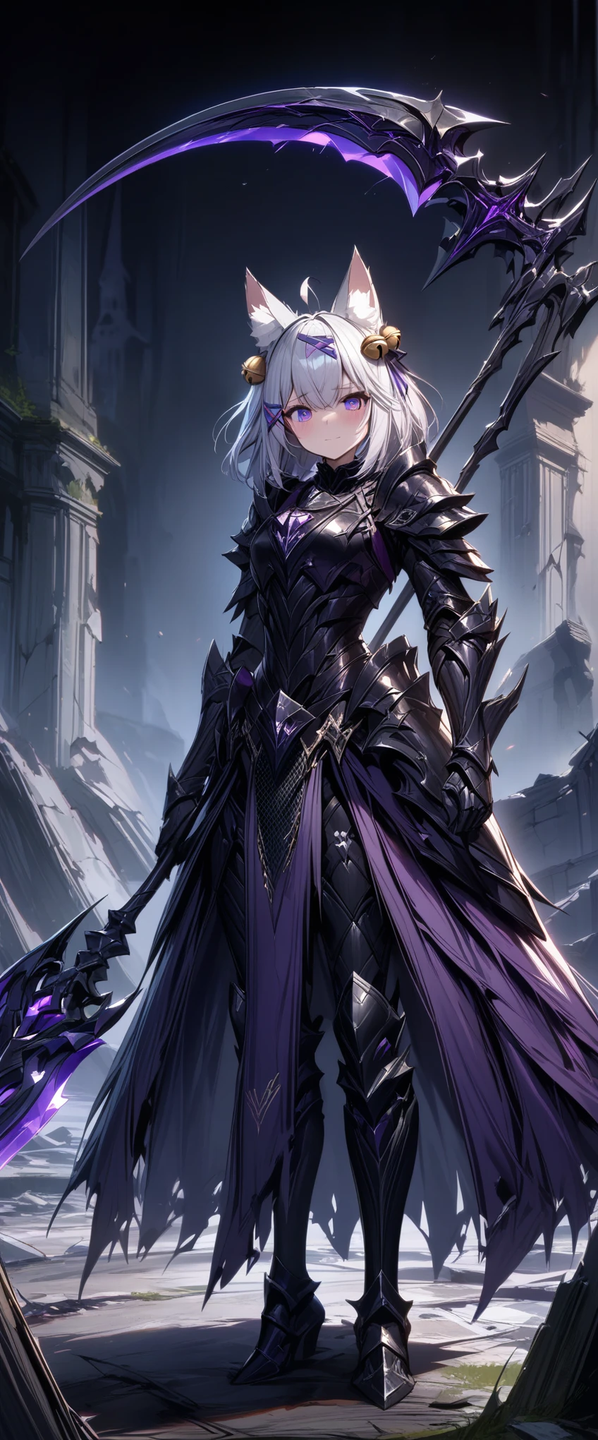 UHD, masterpiece, best quality, extremely detailed, anatomically correct, sharp focus, midnight, gloomy atmosphere, frontal light, soft light, diffused light, shade, no shadow, ((battlefield)), abandoned castle, broken castle, broken walls, broken floors, broken windows, broke glass, 1girl, solo, Filian, (fox taill:1.1), small cat ears, (white hair), (short hair), ahoge, (purple hairclip:1.5), (hair bell:1.3), hair ornament, hair bell, big eyes, deep violet eyes, blush, closed mouth, slight smile, black knight's armor, black breastplate, black gauntlet, slim arms, hands wielding purple crystal scythe, black armored skirt, (black chainmail chausses), slim legs, black leg armor, black greaves, black armored boots, full body shot, full body pose, Eye-Level Shot, front view, full body pose,