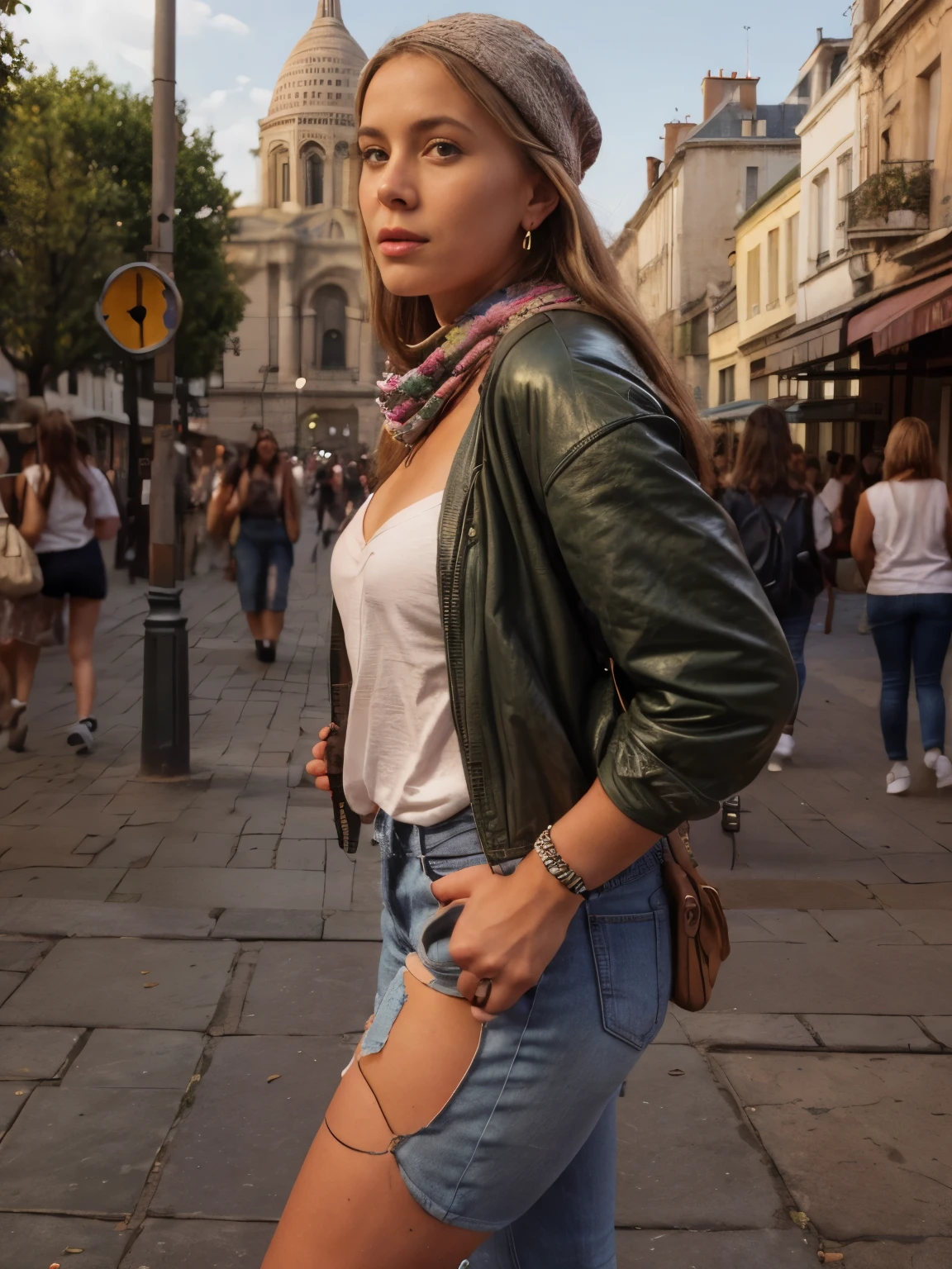A blond woman in an year1960s fashion ensemble with high-waisted jeans, a bright, oversized sweater, and chunky sneakers stands atop the hill of Montmartre, gazing out at the breathtaking panorama of Paris. The Sacré-Coeur basilica gleams white in the afternoon sun, its majestic domes and spires reaching towards the sky. Below, the city unfolds like a tapestry of winding streets, grand buildings, and lush green parks. The Sacré-Coeur is a masterpiece of Romanesque-Byzantine architecture. Its white stone facade is adorned with intricate carvings and sculptures, while the interior boasts richly decorated chapels and stained glass windows. Visitors mill around the basilica, taking in the sights and soaking in the spiritual atmosphere. Mosaic tile patterns, wrought iron lamp posts, cobblestone pathways, Parisian benches, ornate street signs, pigeons fluttering, artists with easels, colorful street art, cassette players, neon signs, street vendors with souvenirs, street performers, flower pots with blooming geraniums, tourists with cameras, vintage bicycles, decorative fountains, ivy-covered walls, wooden carts with fresh produce, roller skates, Polaroid cameras, walkmans, boomboxes, street musicians, graffiti art, leather jackets, stone steps, public telephones, handheld video cameras, colorful backpacks, skateboarders, street vendors selling crepes, tourists with guidebooks, postcards, scarves and beanies, sunglasses, denim jackets, retro wristwatches, keychains with Eiffel Tower charms, pastel-colored scarves, French flags, street vendors with hot chocolate, stained glass reflections, ivy vines, decorative archways, roller blades, neon-colored accessories, tourists with fanny packs, bustling crowds, street performers with guitars, berets, colorful street signs, vintage postcards, shoulder pads, aviator sunglasses, friendship bracelets, braided hair, oversized earrings, street artists drawing caricatures,