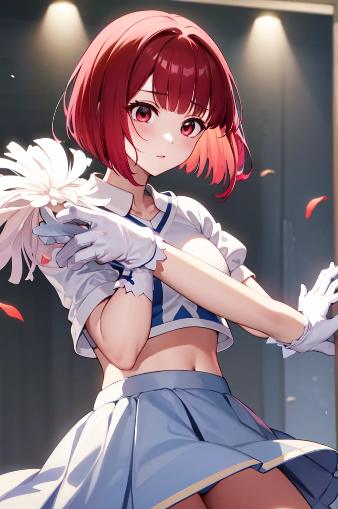 masterpiece, Highest quality, High resolution, Short Hair、Red eyes、Cheerleader、hort sleeve、White gloves、ruins、Countless hands、Pulling on skirt