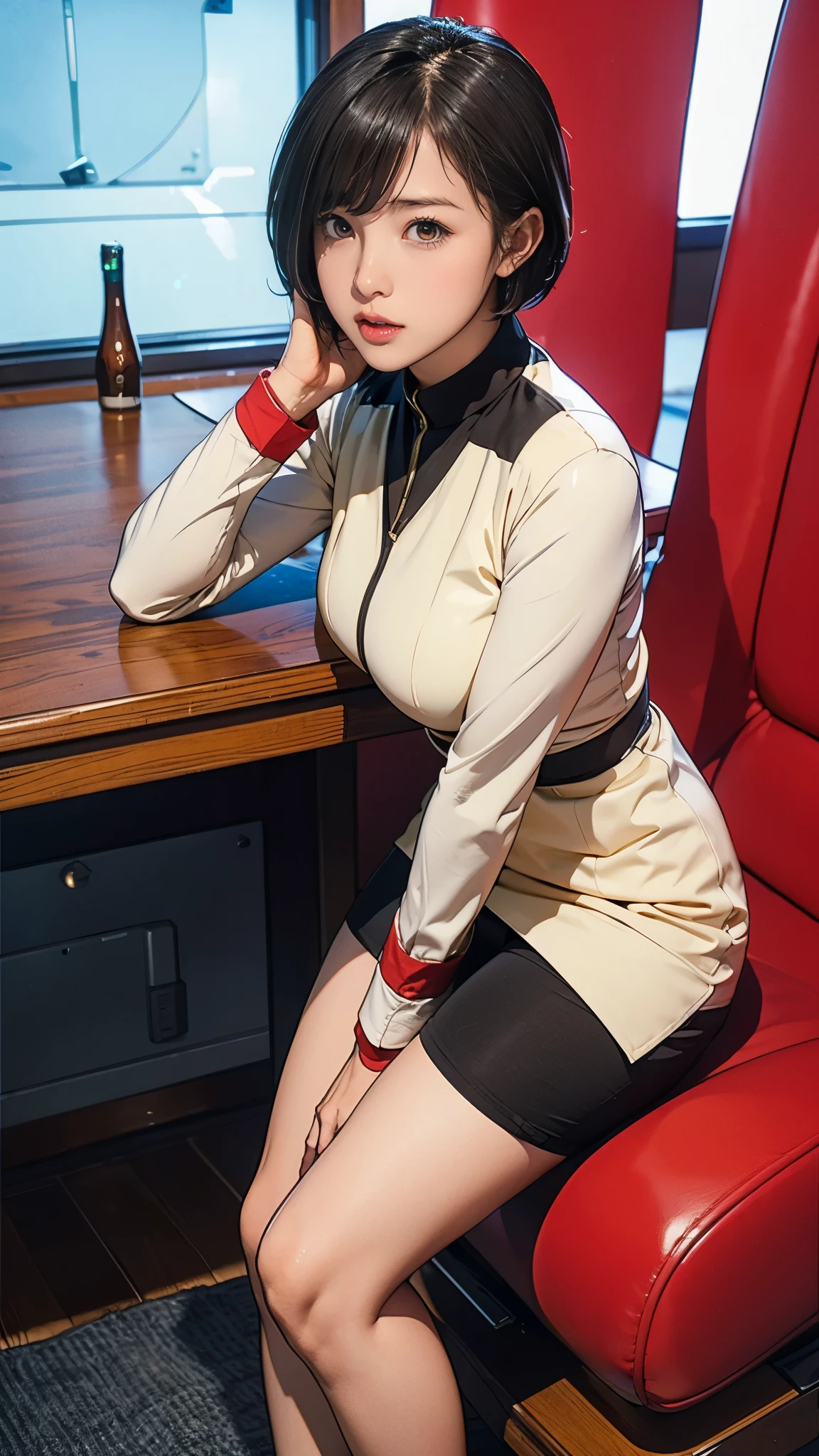 10-year-old girl、Earth Federation Operator Girl Soldier、Black short hair、Large Breasts、Cute like an idol、Childish face and appearance、Operator intercom mounted on head、Accurately drawn faces、thin、健康的なKnee-lengthスカート風の地球連邦軍、Knee-length、Inside the bridge of a battleship、Low angle shot、Anatomically correct、Accurate Fingers、Accurate Rimbuster Piece、Photorealization