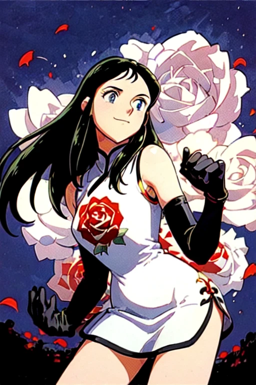 (masterpiece:1.5), best quality, (1girl, solo)(,1990s (style):1),
ginrei,( giant robo),  black hair, Long Straight hair, Blue Eyes, gloves, dress, white chinese clothes, slit china dress,   (embroidery  single rose petals), (black elbow gloves:1.4),embroidered left breast, high heels, tsuruya, retro artstyle, silhouette, (black gloves:1.4), short dress,high heels,
smile, closed mouth, 
blush,((( midd night, night sky, )))
(simple background),(( upper body, cowboy shot , dynamic pose, looking at viewer, ))