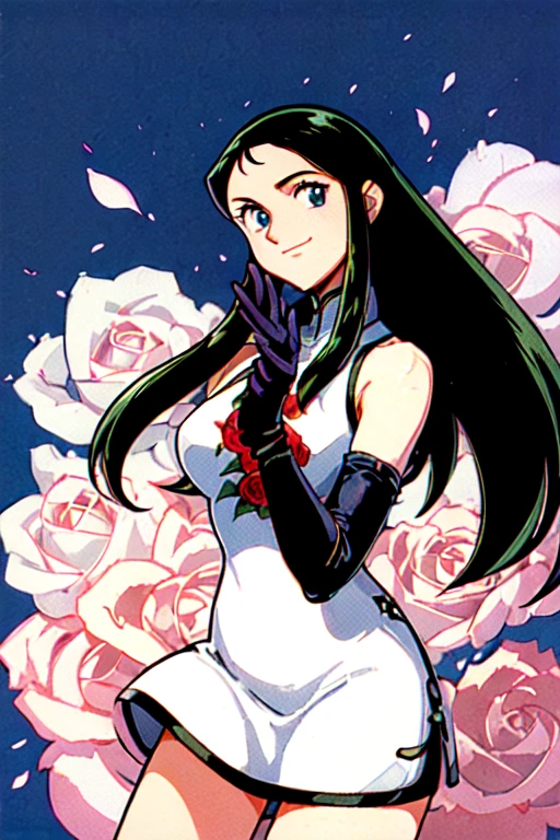 (masterpiece:1.5), best quality, (1girl, solo)(,1990s (style):1),
ginrei,( giant robo),  black hair, Long Straight hair, Blue Eyes, gloves, dress, white chinese clothes, slit china dress,   (embroidery  single rose petals), (black elbow gloves:1.4),embroidered left breast, high heels, tsuruya, retro artstyle, silhouette, (black gloves:1.4), short dress,high heels,
smile, closed mouth, 
blush,((( midd night, night sky, )))
(simple background),(( upper body, cowboy shot , dynamic pose, looking at viewer, ))