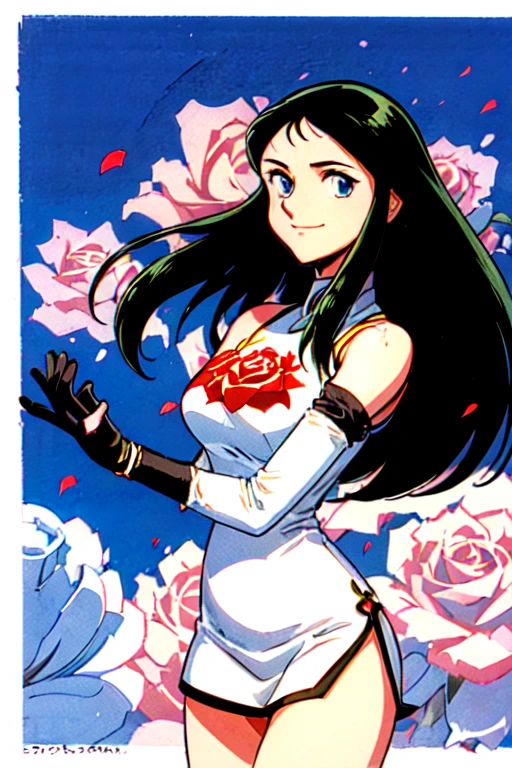 (masterpiece:1.5), best quality, (1girl, solo)(,1990s (style):1),
ginrei,( giant robo),  black hair, Long Straight hair, Blue Eyes, gloves, dress, white chinese clothes, slit china dress,   (embroidery  single rose petals), (black elbow gloves:1.4),embroidered left breast, high heels, tsuruya, retro artstyle, silhouette, (black gloves:1.4), short dress,high heels,
smile, closed mouth, 
blush,((( midd night, night sky, )))
(simple background),(( upper body, cowboy shot , dynamic pose, looking at viewer, ))