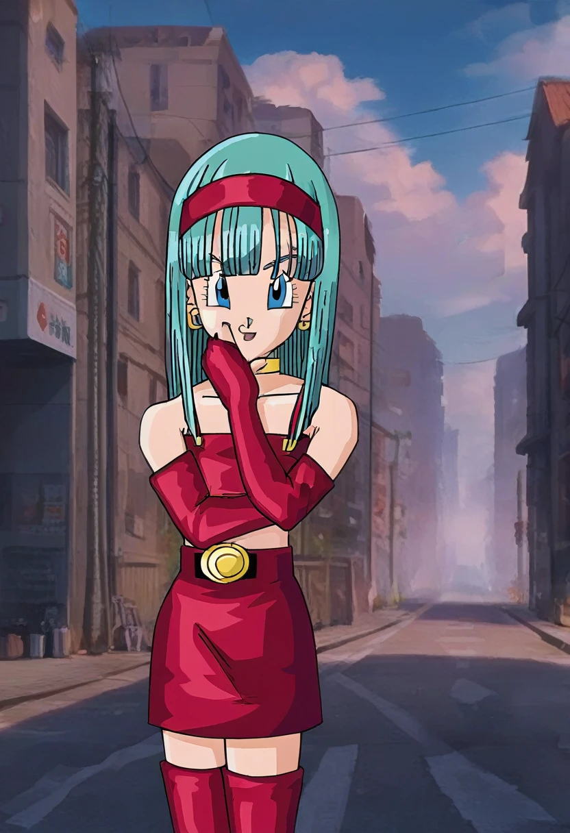 source_anime, score_9, score_8_up, score_7_up, anime screencap,
bulla, 1girl, solo, long hair, aqua hair, looking at viewer, smile, open mouth, bangs, collarbone, :d, outdoors, sky, cloud, night, bridal gauntlets, eyelashes, hoop earrings, eyebrows, miniskirt, bare shoulders, cloudy sky,, hairband, red hairband, earrings, blue eyes, elbow gloves, red gloves, fingerless gloves, crop top, red topwear, midriff, yellow belt, skirt, red skirt
 