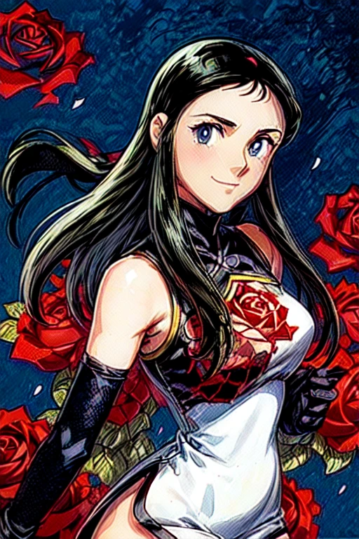 (masterpiece:1.5), best quality, (1girl, solo)(,1990s (style):1),
ginrei,( giant robo), black hair, Long Straight hair, Blue Eyes, gloves, dress, white chinese clothes, slit china dress, (embroidery single rose petals), (black elbow gloves:1.4),embroidered left breast, high heels, tsuruya, retro artstyle, silhouette, (black gloves:1.4), short dress,high heels,
smile, closed mouth,
blush,((( midd night, night sky, )))
(simple background),(( upper body, cowboy shot , dynamic pose, looking at viewer, ))