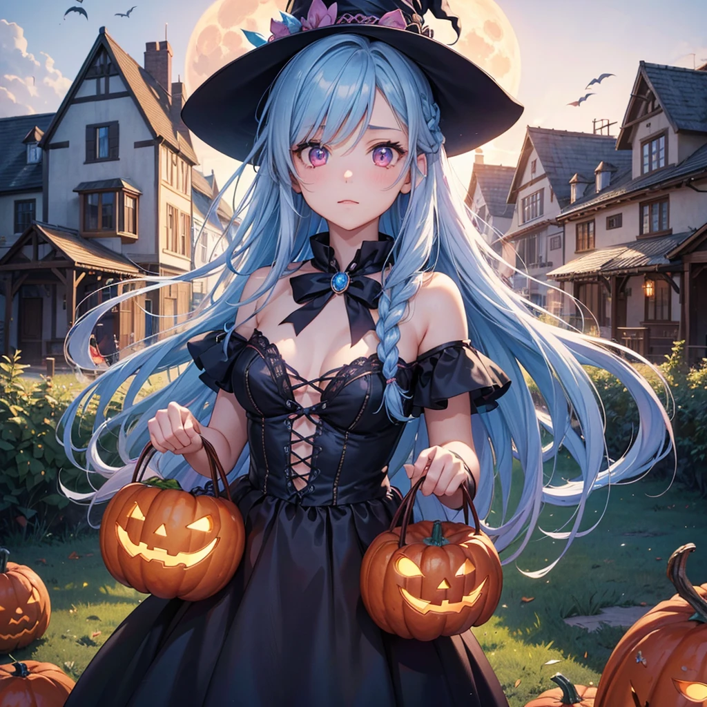 Sky blue hair, (Braided medium hair), (Pink eyes),Fair skin)  ,(whole body),(One Girl),(harvest moon),(A large number of pumpkin ghosts in the background),(Trick or Treat),Halloween Party),(masterpiece, Highest quality, Very detailed, Best Shadow), (Detailed Background), (Beautifully detailed face), High Contrast, (Best lighting, Very delicate and beautiful), ((Cinematic Light)), Hyper Detail,8k, Dramatic Light, Intricate details,Witch&#39;s Clothes,Magic broom,