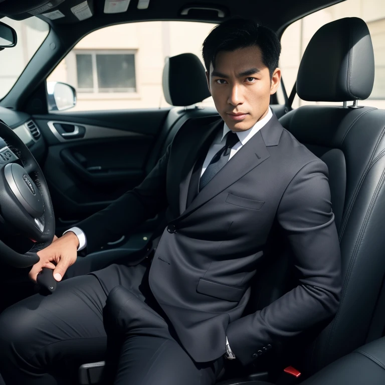 50 years old,One Man,Black Suit,Inside the car、squat、Tall dark-skinned man、Dark Asian face,muscle,Gay ,7:3 parting / all back,Stubble、Sitting with legs open、erection、The crotch area is bulging、Stubble,Asian man&#39;s face,Hermes Belt。Black socks、View from the front