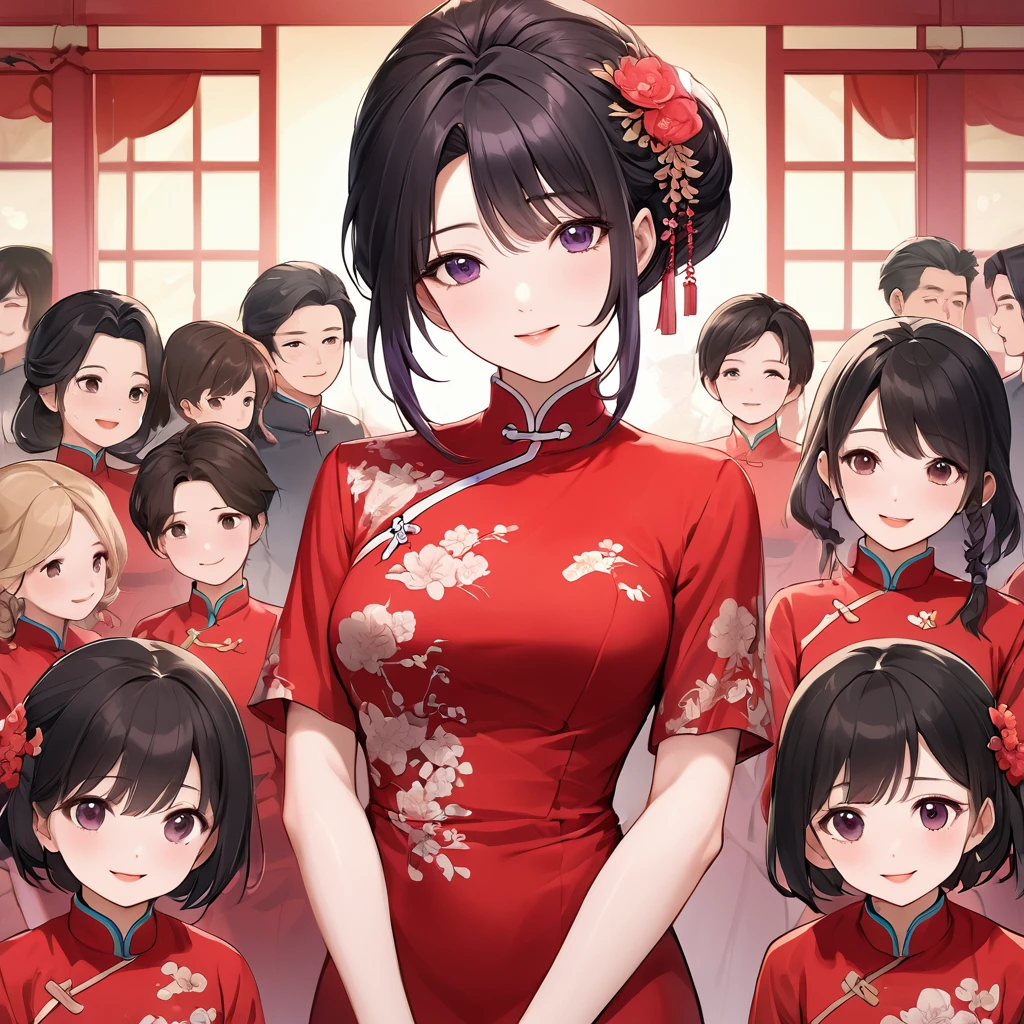 ((Highest quality)), ((masterpiece)), (detailed), (Perfect Face)、The woman is a Chinese woman named Kocho Shinobu.。, Purple gradient bob black hair and formal evening hairstyles. 彼Women are婚約指輪をはめている. 彼Women are権威ある中国共産党員であり、She is the honored wife of a great old Communist Party cadre.、The woman is beautifully dressed in a gorgeous and glamorous vintage red cheongsam, typical of the Chinese Communist Party.、An elegant Chinese lady in a posh room、Women are夫を愛して尽くす良妻賢母の素晴らしい中国人貴婦人で夫と中国に尽くす事が至上の喜びの中国共産党絶対主義、Women are8A happy large family gathering, surrounded by the many children born to her beloved husband, a Communist Party member, and a mother of two.