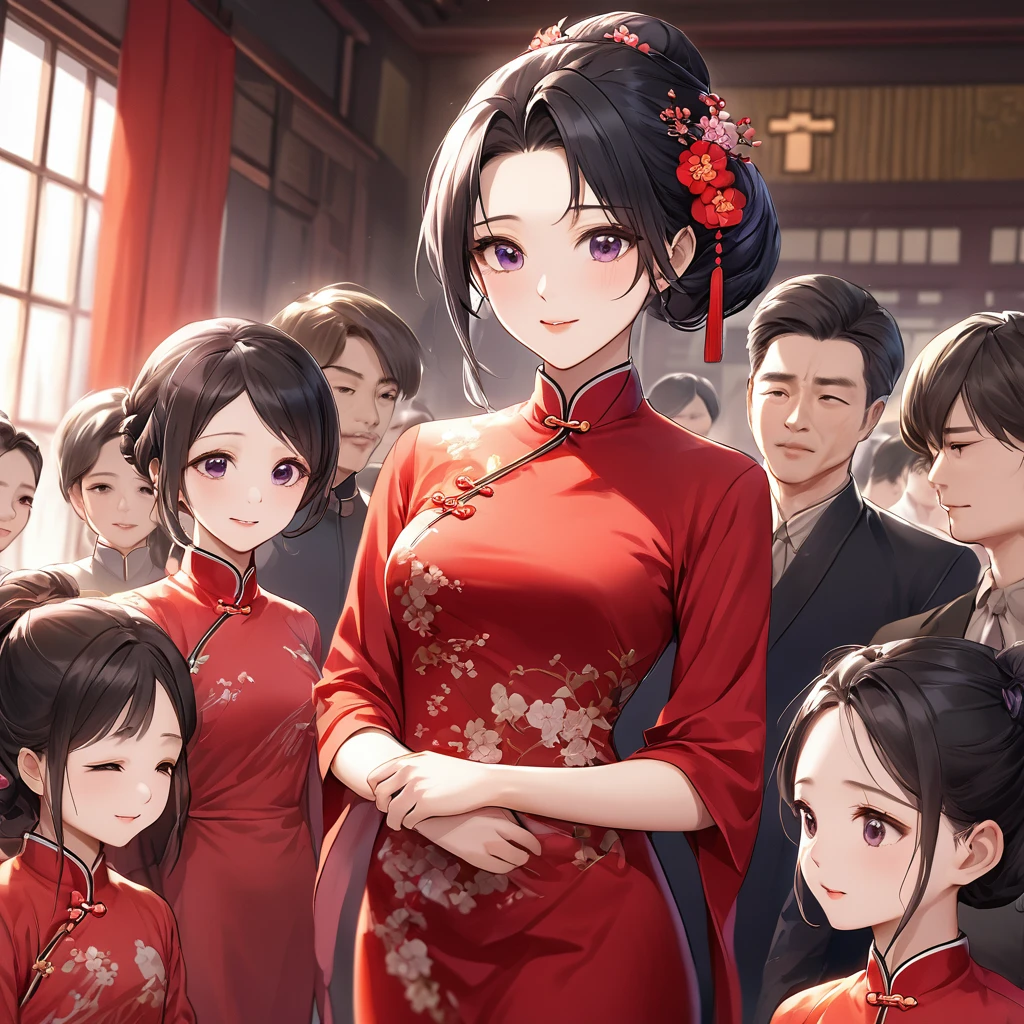 ((Highest quality)), ((masterpiece)), (detailed), (Perfect Face)、The woman is a Chinese woman named Kocho Shinobu.。, Purple gradient bob black hair and formal evening hairstyles. 彼Women are婚約指輪をはめている. 彼Women are権威ある中国共産党員であり、She is the honored wife of a great old Communist Party cadre.、The woman is beautifully dressed in a gorgeous and glamorous vintage red cheongsam, typical of the Chinese Communist Party.、An elegant Chinese lady in a posh room、Women are夫を愛して尽くす良妻賢母の素晴らしい中国人貴婦人で夫と中国に尽くす事が至上の喜びの中国共産党絶対主義、Women are8A happy large family gathering, surrounded by the many children born to her beloved husband, a Communist Party member, and a mother of two.