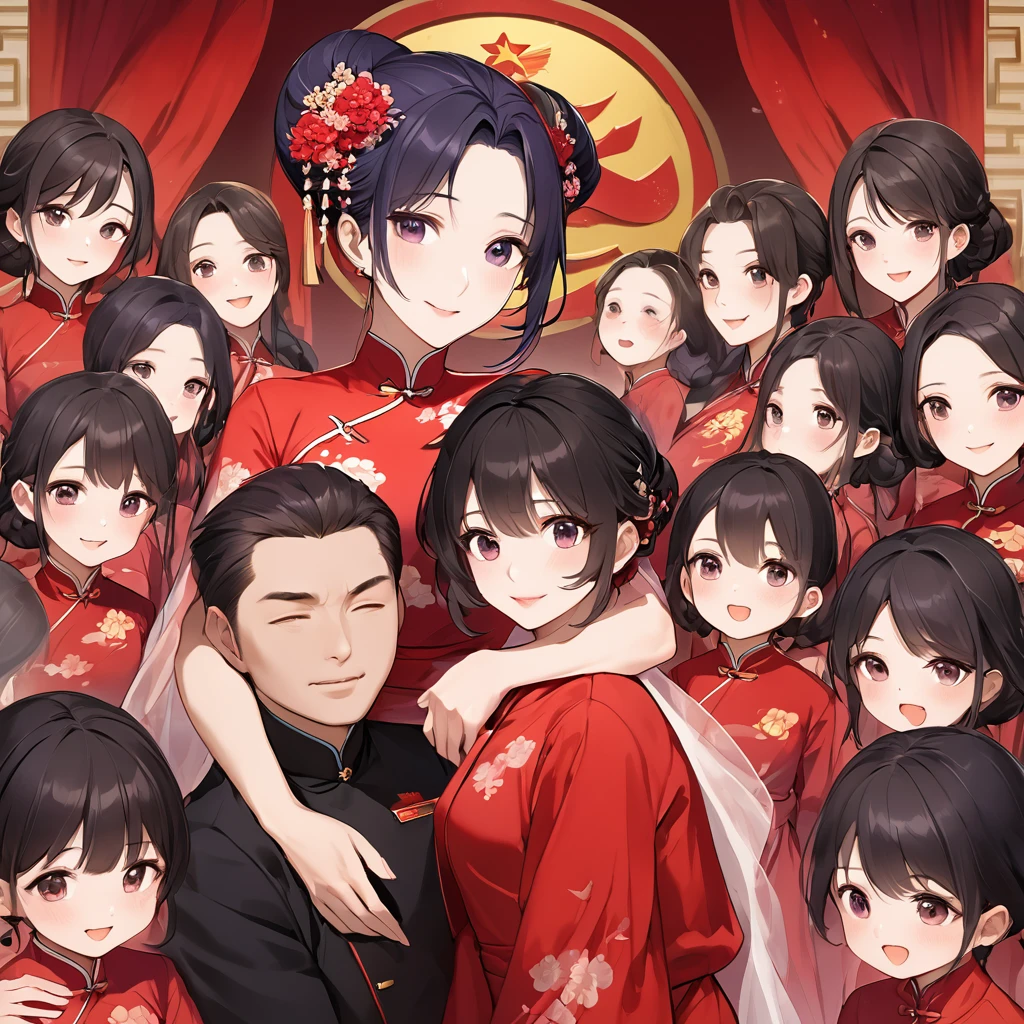 ((Highest quality)), ((masterpiece)), (detailed), (Perfect Face)、The woman is a Chinese woman named Kocho Shinobu.。, Purple gradient bob black hair and formal evening hairstyles. 彼Women are婚約指輪をはめている. 彼Women are権威ある中国共産党員であり、She is the honored wife of a great old Communist Party cadre.、The woman is beautifully dressed in a gorgeous and glamorous vintage red cheongsam, typical of the Chinese Communist Party.、An elegant Chinese lady in a posh room、Women are夫を愛して尽くす良妻賢母の素晴らしい中国人貴婦人で夫と中国に尽くす事が至上の喜びの中国共産党絶対主義、Women are8A happy large family gathering, surrounded by the many children born to her beloved husband, a Communist Party member, and a mother of two.