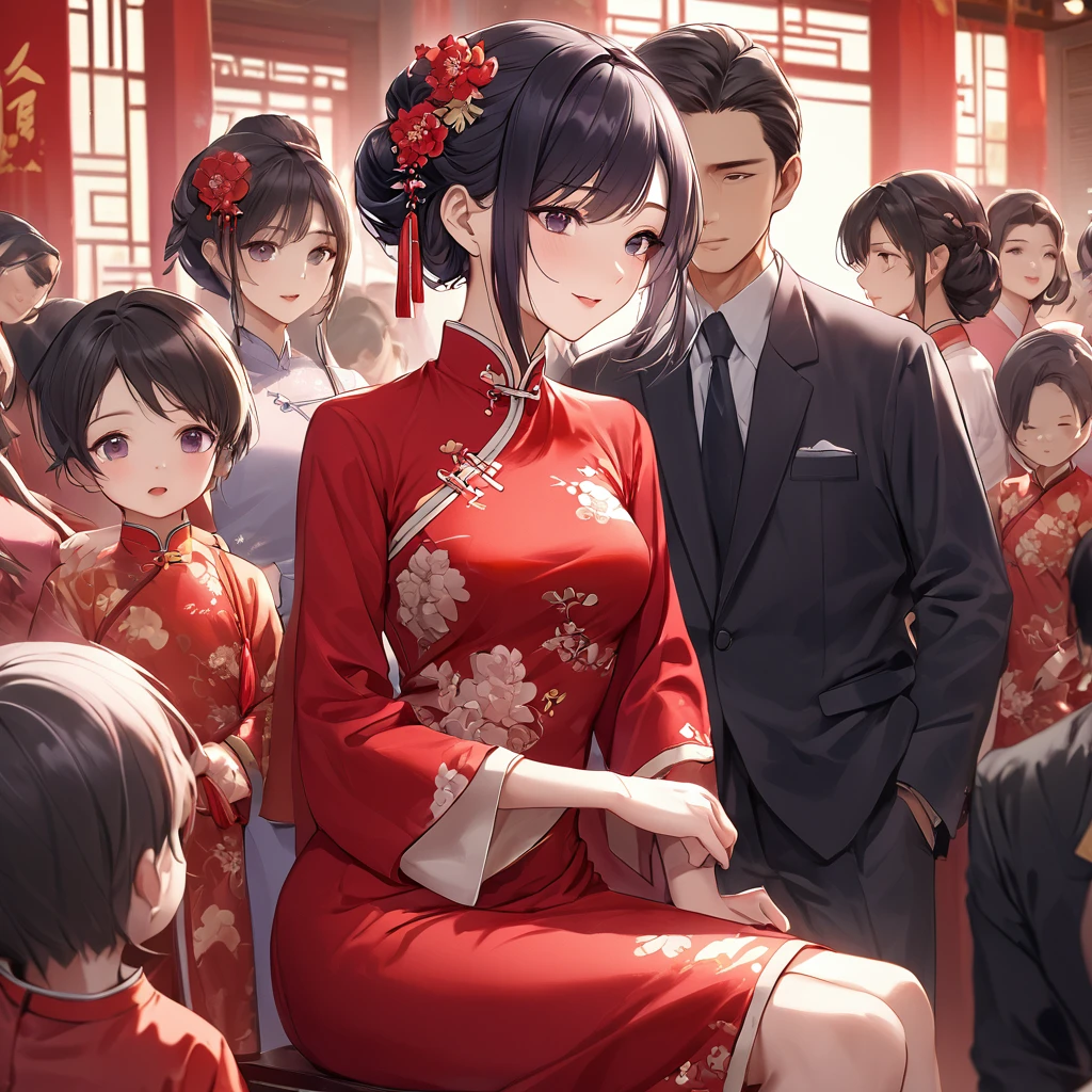 ((Highest quality)), ((masterpiece)), (detailed), (Perfect Face)、The woman is a Chinese woman named Kocho Shinobu.。, Purple gradient bob black hair and formal evening hairstyles. 彼Women are婚約指輪をはめている. 彼Women are権威ある中国共産党員であり、She is the honored wife of a great old Communist Party cadre.、The woman is beautifully dressed in a gorgeous and glamorous vintage red cheongsam, typical of the Chinese Communist Party.、An elegant Chinese lady in a posh room、Women are夫を愛して尽くす良妻賢母の素晴らしい中国人貴婦人で夫と中国に尽くす事が至上の喜びの中国共産党絶対主義、Women are8A happy large family gathering, surrounded by the many children born to her beloved husband, a Communist Party member, and a mother of two.
