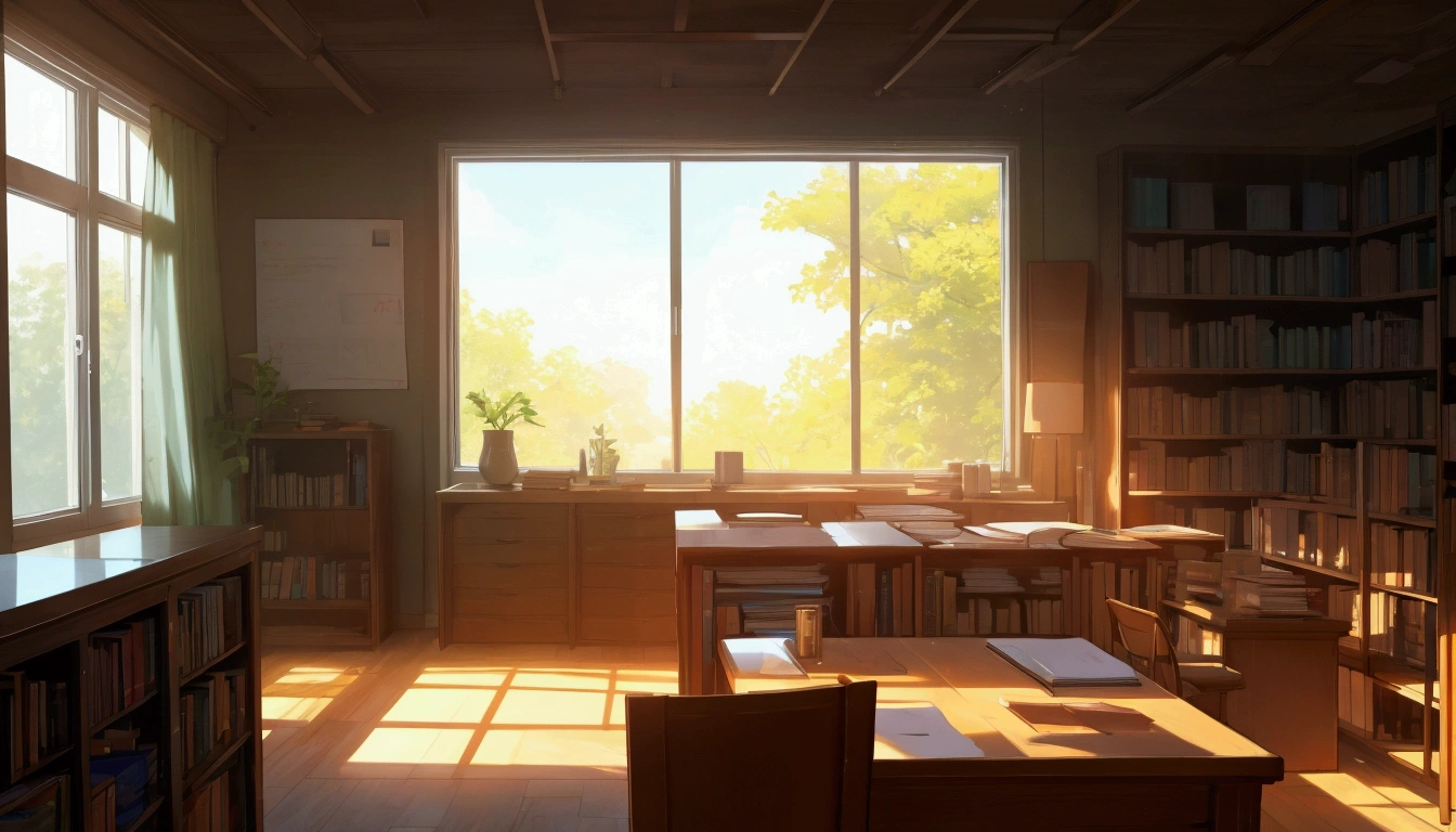 A large screen is visible straight ahead., Study space with lots of books, sunny, Bright and warm atmosphere ,left side of screen