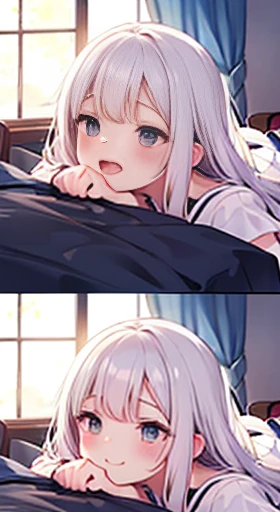 Sex with a naughty middle school student with long white hair Lie down on the bed Inserting an excited man's genitals between her legs