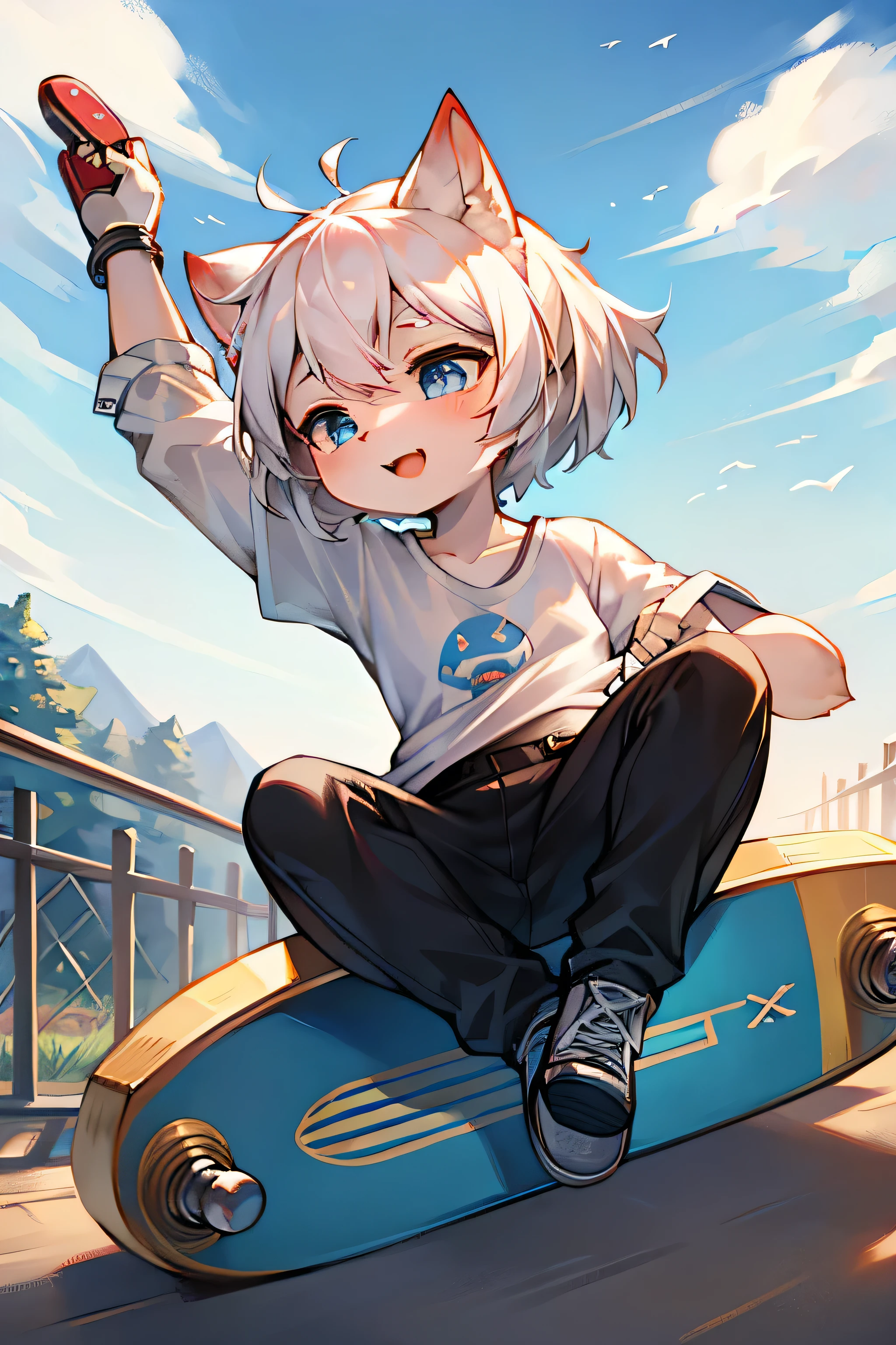 anime style, masterpiece,best quality,super fine illustration, super detailed, dynamic angle, beautiful detailed, 8k, On a summer day,cat years,girl,cute,blue eyes,short hair,white hair,white T-shirt,black pants, BREAK she performs an advanced trick on a skateboard, spinning in mid-air. BREAK she has a joyful expression as it enjoys the ride.