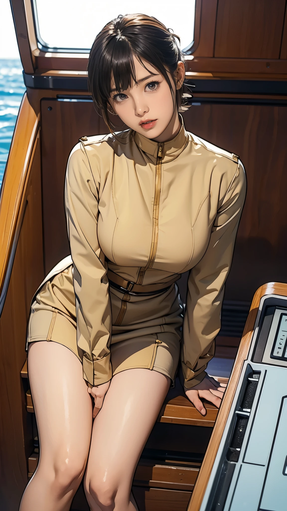 10-year-old girl、Earth Federation Operator Girl Soldier、Black short hair、Large Breasts、Cute like an idol、Childish face and appearance、Operator intercom mounted on head、Accurately drawn faces、thin、健康的なKnee-lengthスカート風の地球連邦軍、Knee-length、Inside the bridge of a battleship、Low angle shot、Anatomically correct、Accurate Fingers、Accurate Rimbuster Piece、Photorealization