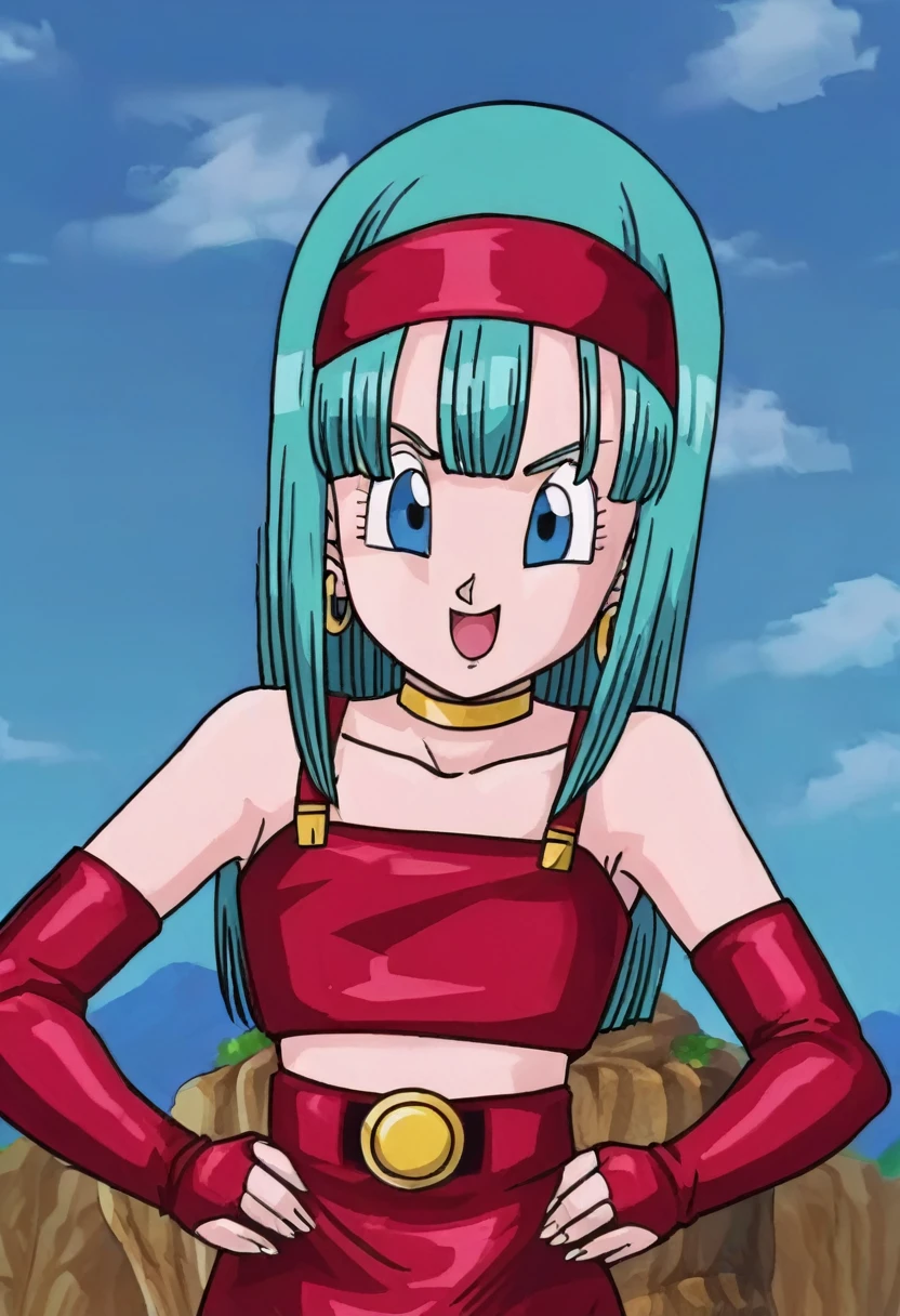 source_anime, score_9, score_8_up, score_7_up, anime screencap,
bulla, 1girl, solo, long hair, aqua hair, looking at viewer, smile, open mouth, bangs, collarbone, :d, outdoors, sky, cloud, night, bridal gauntlets, eyelashes, hoop earrings, eyebrows, miniskirt, bare shoulders, cloudy sky,, hairband, red hairband, earrings, blue eyes, elbow gloves, red gloves, fingerless gloves, crop top, red topwear, midriff, yellow belt, skirt, red skirt