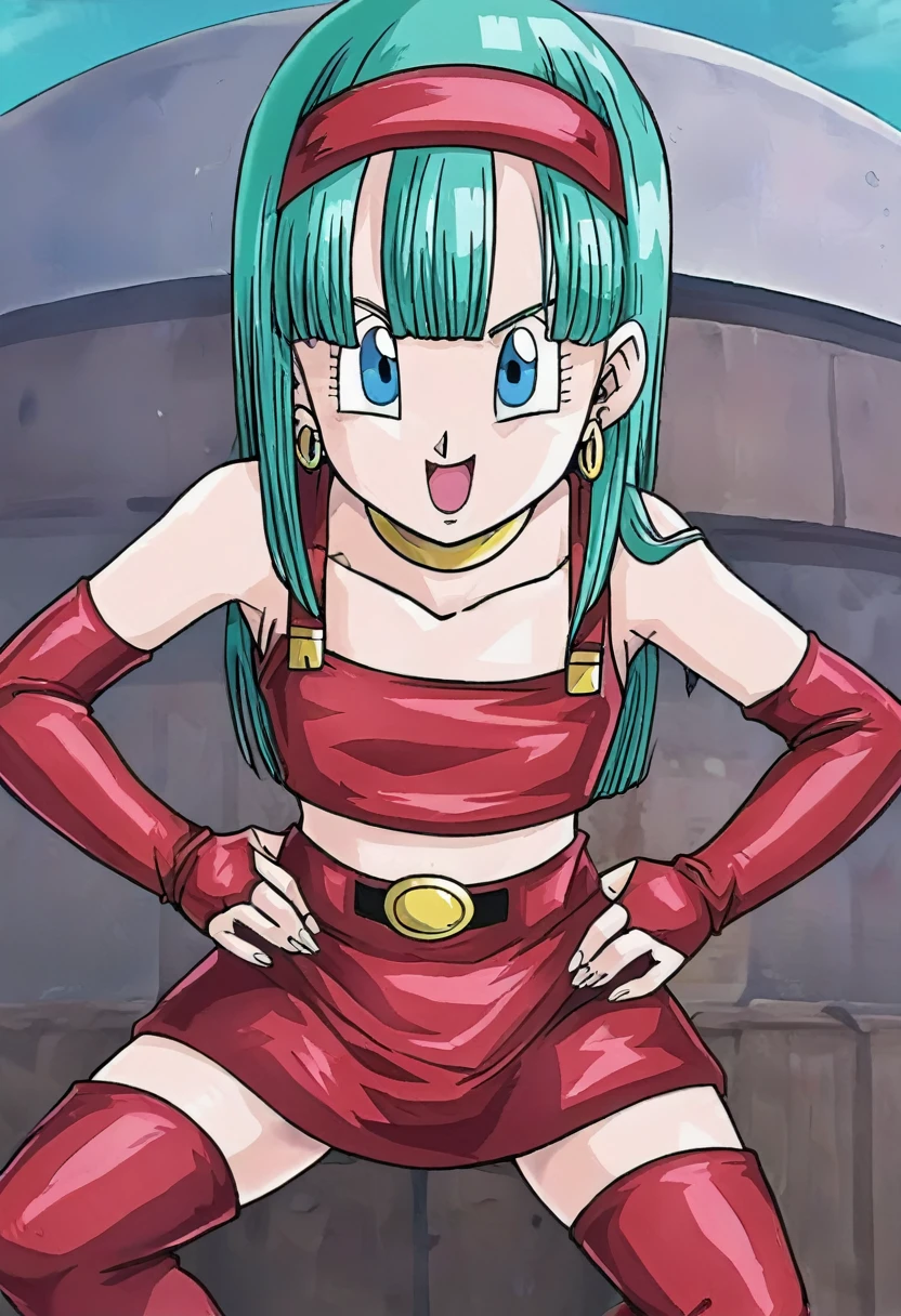 source_anime, score_9, score_8_up, score_7_up, anime screencap,
bulla, 1girl, solo, long hair, aqua hair, looking at viewer, smile, open mouth, bangs, collarbone, :d, outdoors, sky, cloud, night, bridal gauntlets, eyelashes, hoop earrings, eyebrows, miniskirt, bare shoulders, cloudy sky,, hairband, red hairband, earrings, blue eyes, elbow gloves, red gloves, fingerless gloves, crop top, red topwear, midriff, yellow belt, skirt, red skirt
