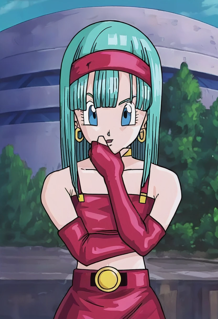 source_anime, score_9, score_8_up, score_7_up, anime screencap,
bulla, 1girl, solo, long hair, aqua hair, looking at viewer, smile, open mouth, bangs, collarbone, :d, outdoors, sky, cloud, night, bridal gauntlets, eyelashes, hoop earrings, eyebrows, miniskirt, bare shoulders, cloudy sky,, hairband, red hairband, earrings, blue eyes, elbow gloves, red gloves, fingerless gloves, crop top, red topwear, midriff, yellow belt, skirt, red skirt
 