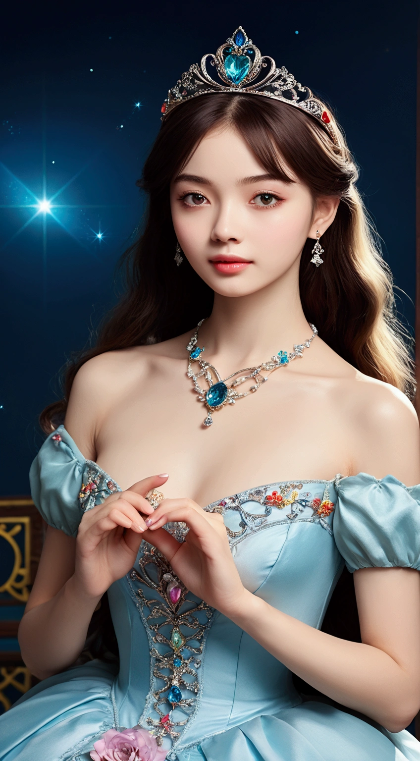 (top-quality、hight resolution、masterpiece)、(Photorealsitic)、(David Hamilton Style)、(softfocus)、Cinema Angle、ciinematic light、softlight、raytrace、(Land of Gems)、(Adorable Gem Princess、age19、Medium chest、)、(The majesty of the princess)、(Affectionate gaze)、(Detailed Vintage Portraits)、 Perfect face、Beautiful hairstyles、ruby tiara、 Detailed eyes, (Anatomically accurate hands and fingers)、Gorgeous Gem Outfits, (Christmas costumes with delicate designs)、Crystal Brilliance、Luminous Gemstones、The brilliance of multicolored gemstones、fairytale、 Alice in Wonderland、jugendstil、colorful flower、The brilliance of the gemstone fills the space like a star、Background of sparkling water droplets dancing in the air、Unrealistic background、blured background、