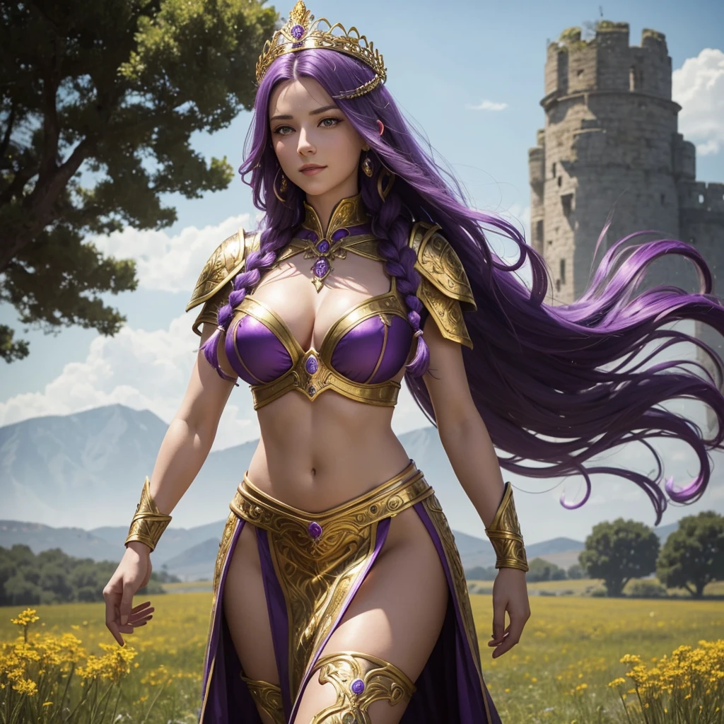 Beautiful Caucasian woman. Just a woman. Alone. One character. Queen. Medieval western woman. Long hair with 1 braid. Purple hair. Bright purple eyes. Warrior woman. Beautiful woman. Fit body. Round breasts. She is wearing shiny gold armor with several purple details. On her head the woman has a delicate gold crown with purple jewels. The woman has a cheerful expression. Looking straight ahead. Full length portrait. She is standing in a large field during a sunny day. Dynamic light. Dynamic shadows.