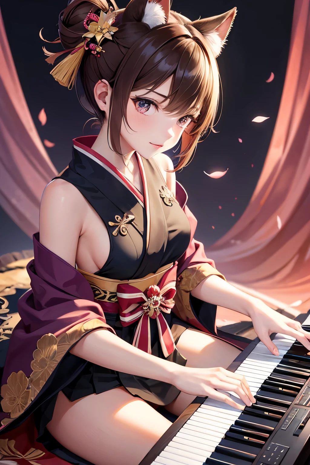 Top quality, ample limbs, perfect fingers, slender beauty, twin-tailed bun hairstyle, brown hair, Deresute, A costume of haori and hakama with a flashy pattern,Band instrumentskeyboard, beautiful large breasts, live stage, Playing Band InstrumentsKeyboard