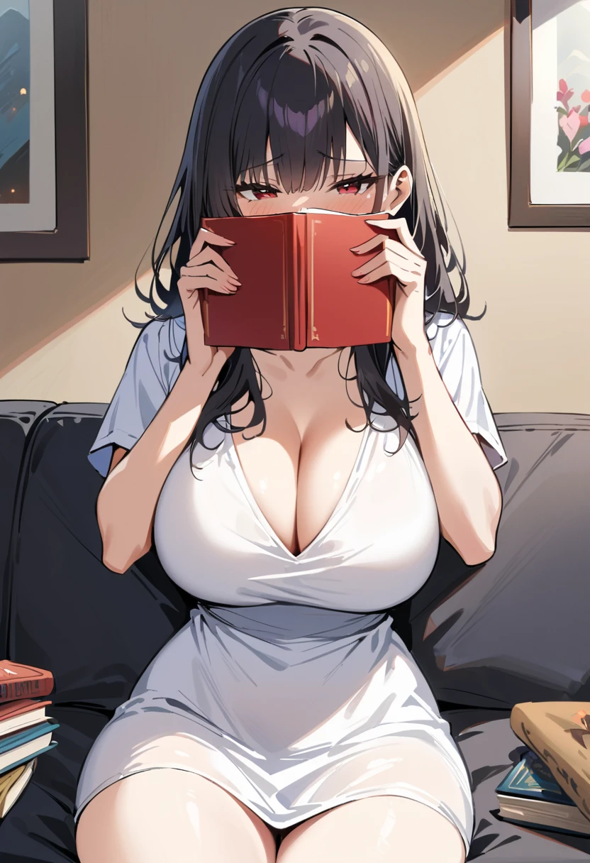 ((Best Quality)), ((masterpiece)), (detailed), 1 girl, black hair, long, Hair covers half of the face, Red eyes, big breasts, big thighs, shy expression, blushing, gray skin, White dress, at home, sitting on the couch, with pain, covering his face with a book