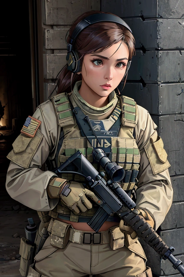 a woman in a white outfit holding a rifle and wearing headphones, 24-year-old woman, Filipino woman, tan bronze skin, soldier girl, mechanized soldier girl, military girl, beautiful female soldier, female lead character, infantry girl, of a sniper girl in war, solo female character, future combat gear, close up half body shot, Women in crop top military bulletproof vest, showing navel, quiet from metal gear solid v, wearing tactical gear, dressed in tactical armor, (aiming rifle)