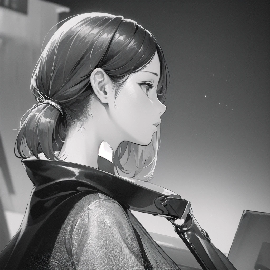 (masterpiece, best quality), flat, traveler, greyscale, simple simple background, 1girl, from side, profile,
