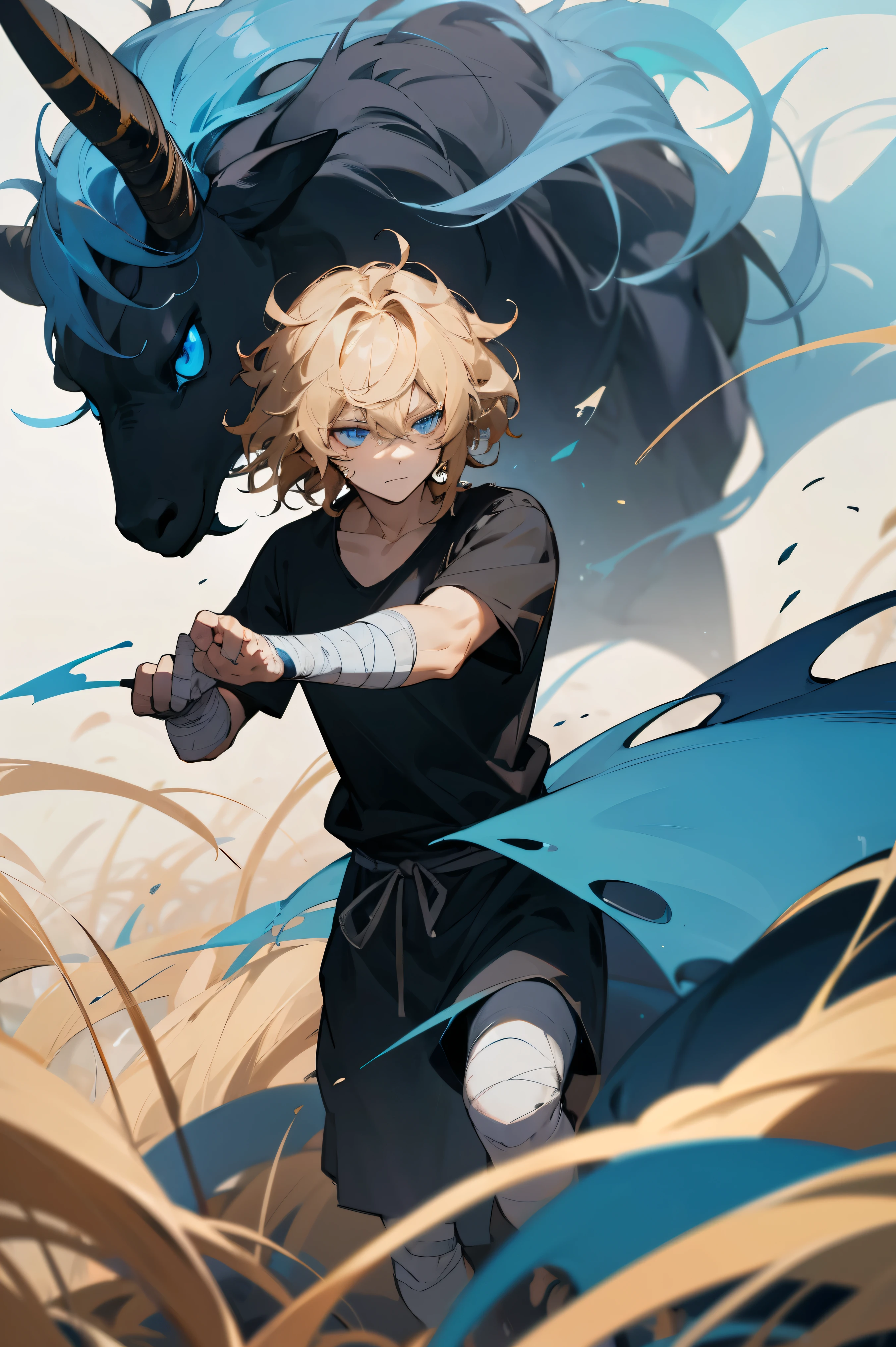 1 men, Caucasian skin, highlighted blonde hair, Messy hair, Wavy hair, blue colored eyes, disinterested expression, huge dark blue goat, black runners, black tee, bandaged clothes, grassland background, stopped on the way, Hands to the side