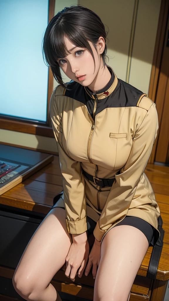 -yeld giEarth Federation Operator Girl Soldier、Black short hair、Large Breasts、Cute like an idol、Childish face and appearance、Operator intercom mounted on head、Accurately drawn faces、thin、健康的なKnee-lengthスカート風の地球連邦軍、Knee-length、Inside the bridge of a battleship、Low angle shot、Anatomically correct、Accurate Fingers、Accurate Rimbuster Piece、Photorealization