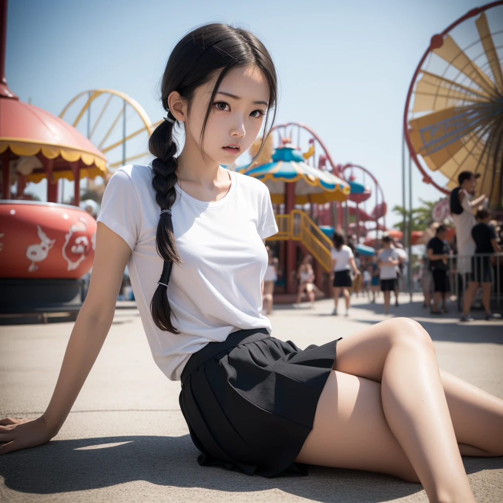 Masterpiece, top quality, white t-shirt, skirt, black hair, small breasts, girl, upper body, hot, sweating, sitting on the ground, pigtails, looking at camera, sea, summer, facing forward, legs spread, angry, amusement park