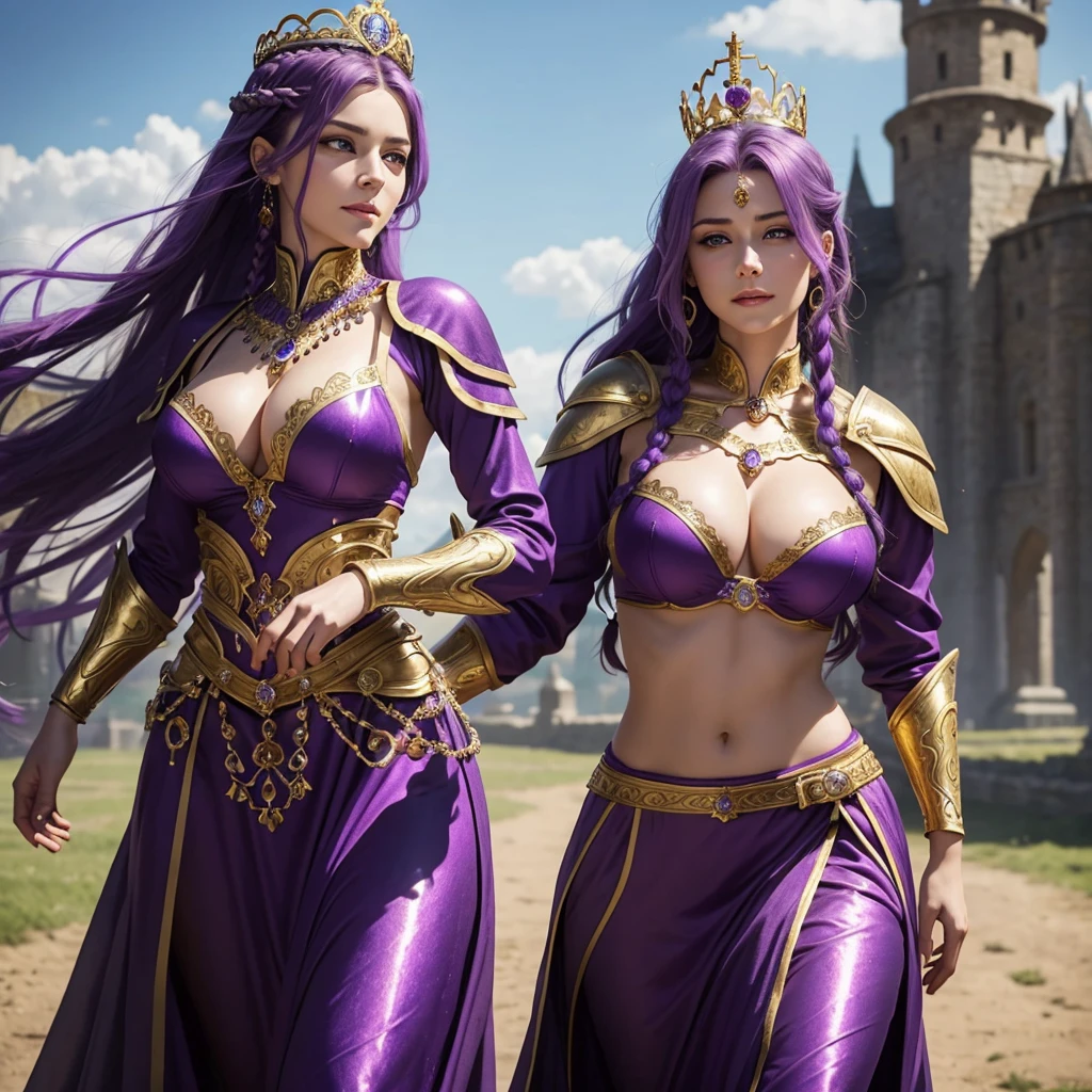 Beautiful Caucasian woman. Just a woman. Alone. One character. Queen. Medieval western woman. Long hair with 1 braid. Purple hair. Bright purple eyes. Warrior woman. Beautiful woman. Fit body. Round . Breastsplay. Erotic and senutfit. She is wearing shiny gold armor with several purple details. On her head the woman has a delicate gold crown with purple jewels. The woman has a cheerful expression. Looking straight ahead. Full length portrait. She is in a large field during a sunny day. Dynamic light. Dynamic shadows.