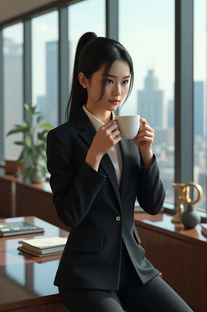 1girl, business suit, black hair, in office, drinking coffee, masterpiece, realistic