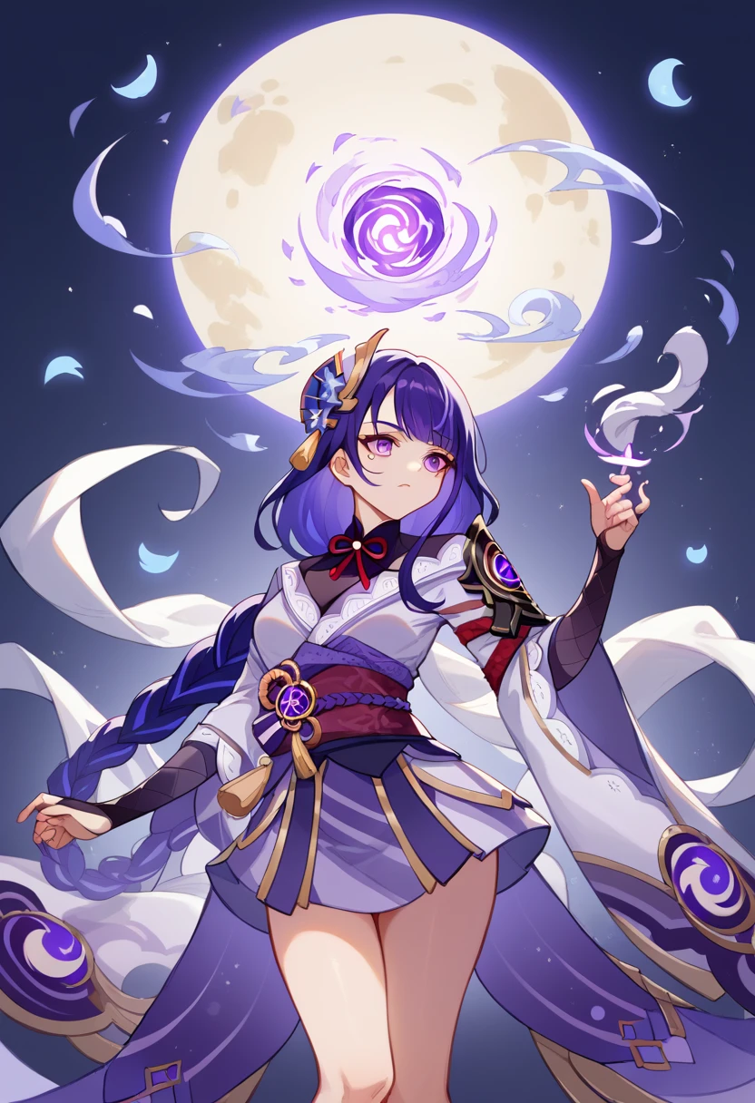 1girl, solo, raiden shogun (genshin impact), costume with blue accents, astral witch clothes, lunar themed attire, magic uniform, dark blue and white robes, cotton cloud mage robes, fashionable rpg clothing, magical school student uniform, magic school uniform,