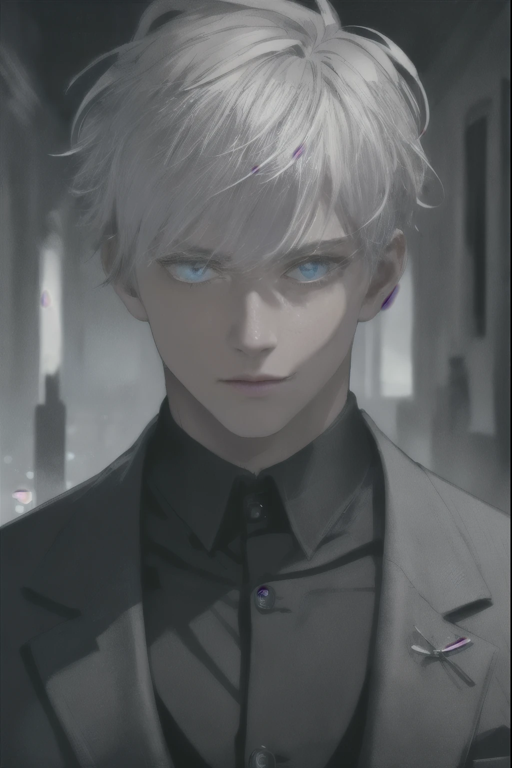 (Highest quality:1.3), cinematic shot, masterpiece, (sharp focus:1.5), (photorealistic:1.3), 1boy, medium portrait of (gojo saturo, standing, slightly deadly blue eyes ,super detailed, highlighted white hair, wearing black formal suit, a few torches burn on the walls, giving , but sculpting the forms in sharp chiaroscuro), it is night time, (highly detailed skin), (detailed face),(portrait),(calm body gesture), detailed background, dark lighting, twilight lighting, volumetric lighting, intricate details, UHD, 8k,colorful illustration,(front view).