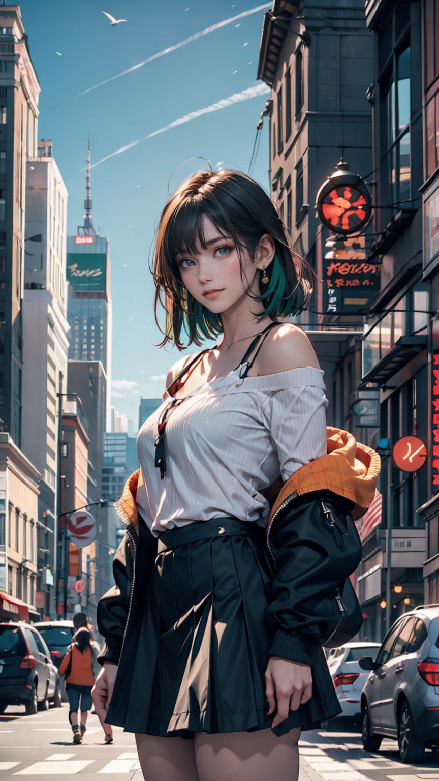 One girl, black_skirt, green_hair, building, city, cityscape, hair_between_eye, Jacket, Looking_in_Audience, Moderate_hair, Multicolor_hair, multiple_boy, night, off_shoulder, Outdoor, pleined_skirt, road, shirt, skirt, Skyscraper, smile, 一人in_concentrated, street, white_shirt