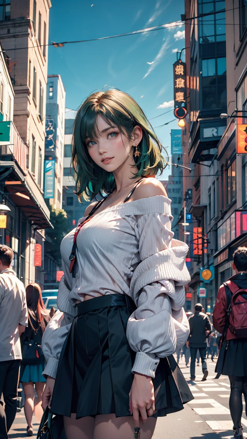 One girl, black_skirt, green_hair, building, city, cityscape, hair_between_eye, Jacket, Looking_in_Audience, Moderate_hair, Multicolor_hair, multiple_boy, night, off_shoulder, Outdoor, pleined_skirt, road, shirt, skirt, Skyscraper, smile, 一人in_concentrated, street, white_shirt