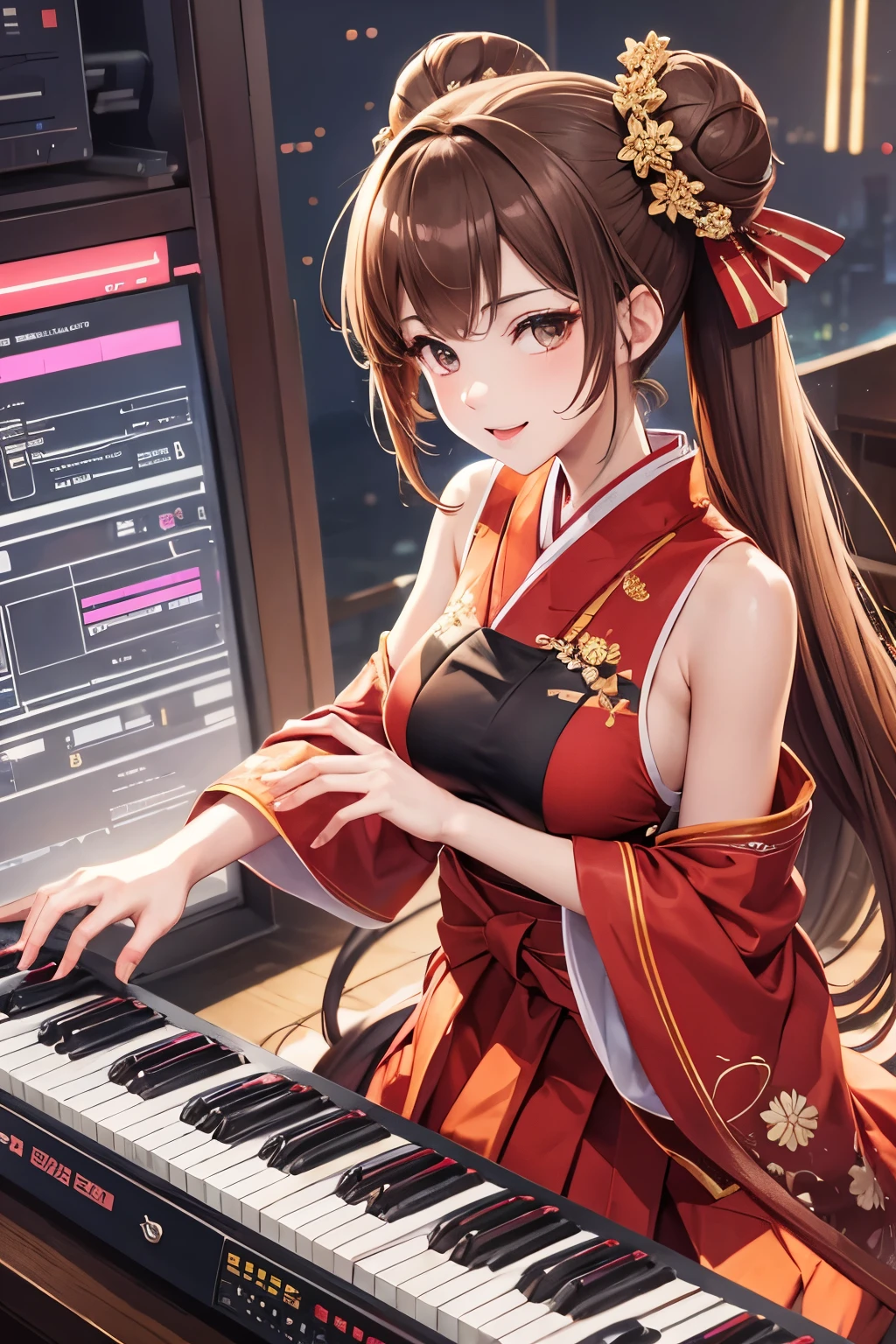 Top quality, ample limbs, perfect fingers, slender beauty, twin-tailed bun hairstyle, brown hair, Deresute, A costume of haori and hakama with a flashy pattern,Band instrumentskeyboard, beautiful large breasts, live stage, Playing Band InstrumentsKeyboard