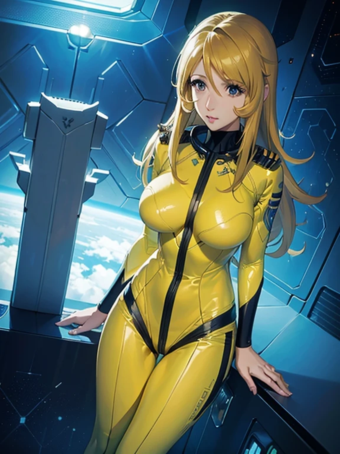 anime, 2d, 1girl, solo,  <lora:SpaceBattleshipYamato2199_MoriYuki:0.8> MoriYuki, blonde hair, long hair, brown eyes, MoriBodysuit, yellow bodysuit, belt, surprised, looking away, spacecraft, sitting, masterpiece, best quality